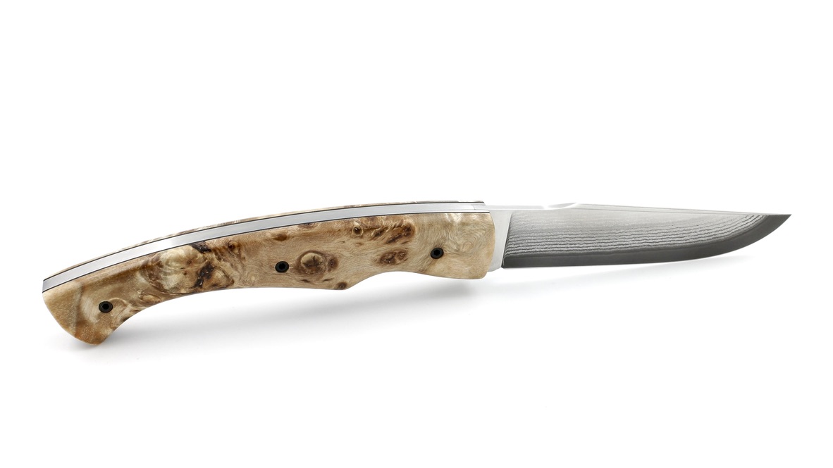 KLEOS folding knife LYKOS stabilzed poplar burl VG10 suminagashi damascus blade