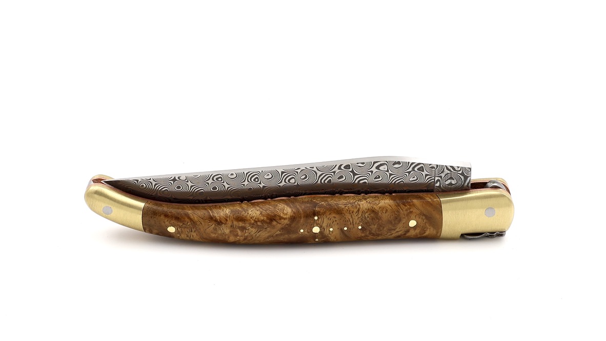 Laguiole en Aubrac knife BIJOU DSC® damascus amboina burlwood with chiseled plates 12 cm
