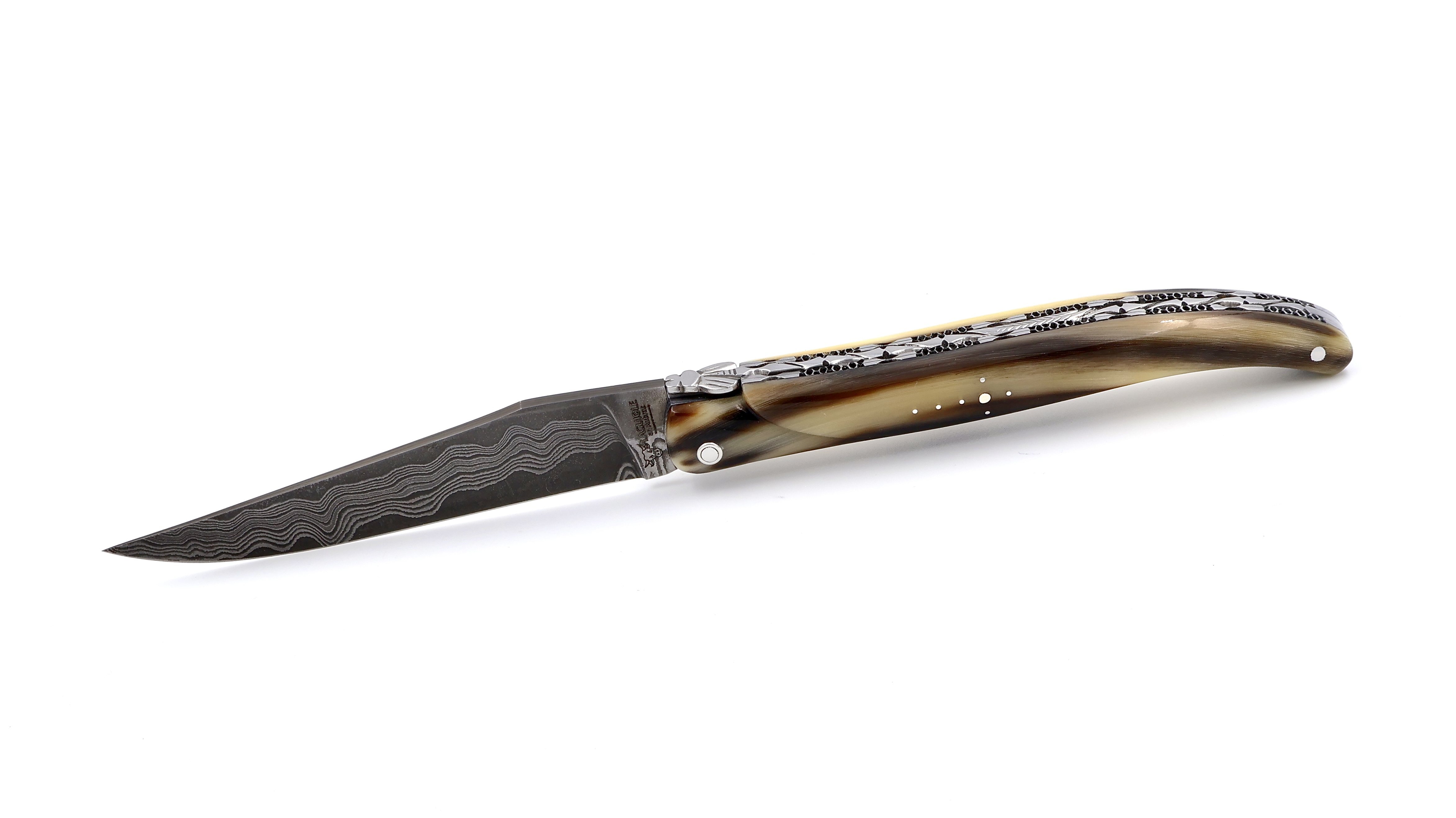 Laguiole en Aubrac Damast Hornspitze massiv Doppelplatine 12 cm