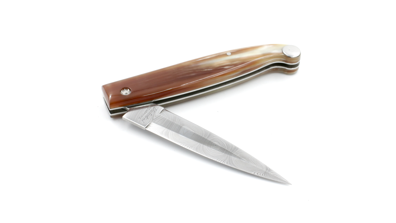 Saladini knife TRE PIANELLE horn tip damascus