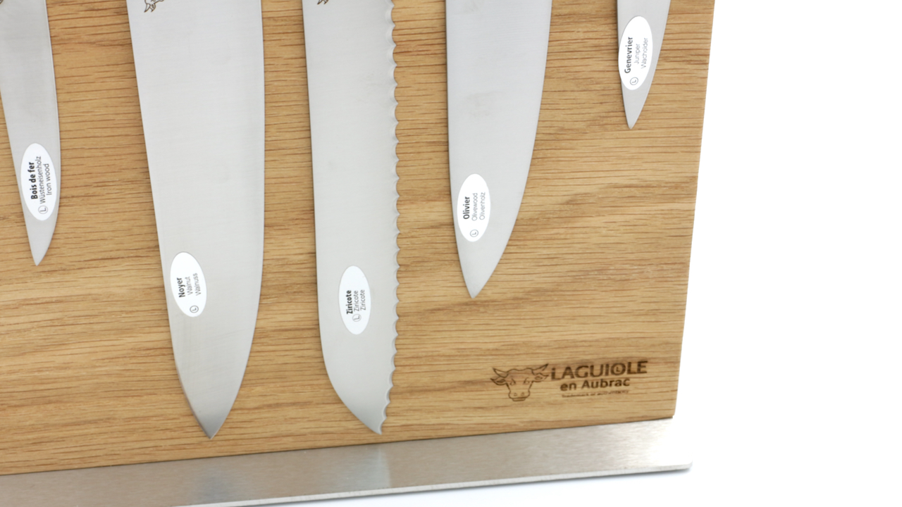 IMG_4984 Laguiole en Aubrac mixed woods Set of 6 kitchen knives with magnetic oak block