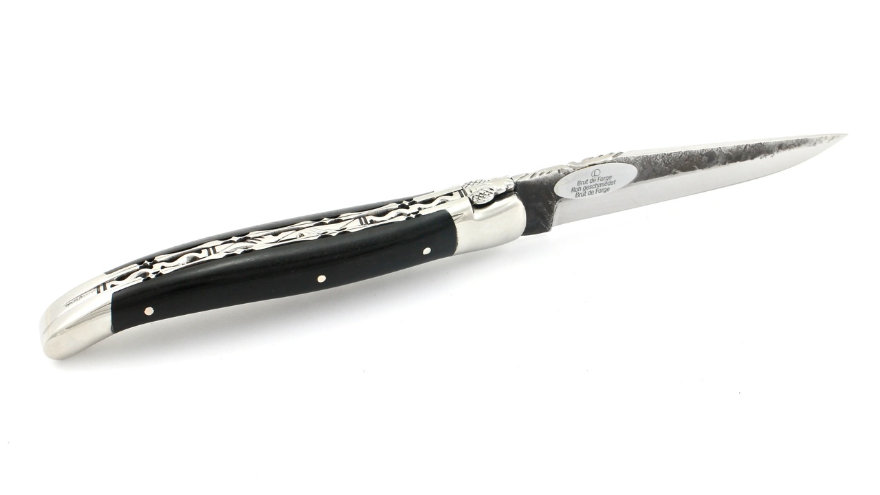 Laguiole en Aubrac double plate knife Brut de Forge Ebony 12 cm