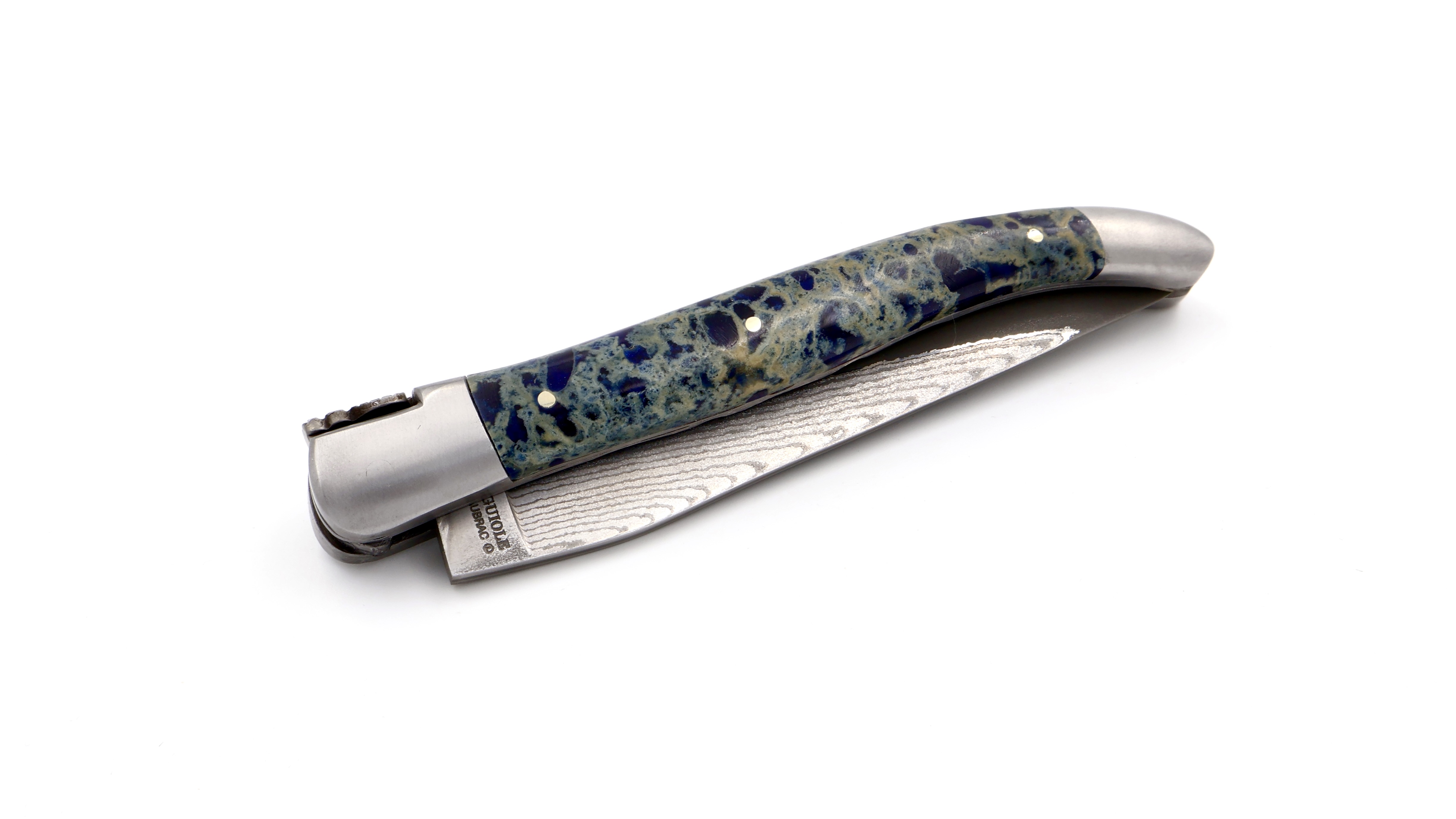 Laguiole en Aubrac jap. Damast  blauer Lavastein Doppelplatine 12 cm 