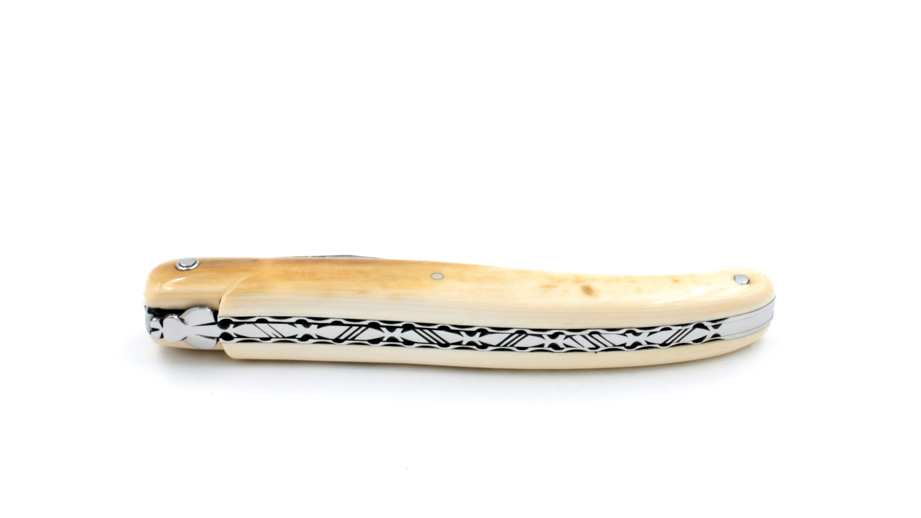 Laguiole en Aubrac Mammutelfenbein Kruste massiv guillochierte Platine Damastklinge 12 cm