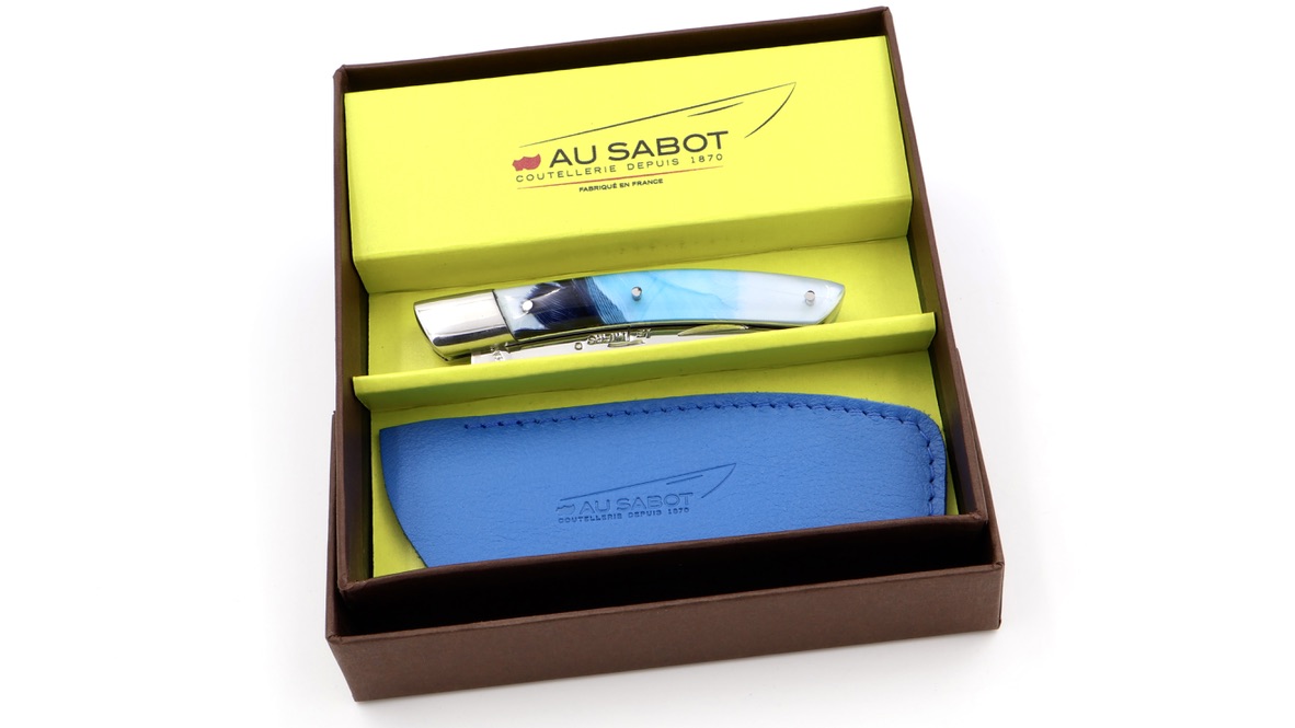 AU SABOT THIERS knife 10 cm blue feather