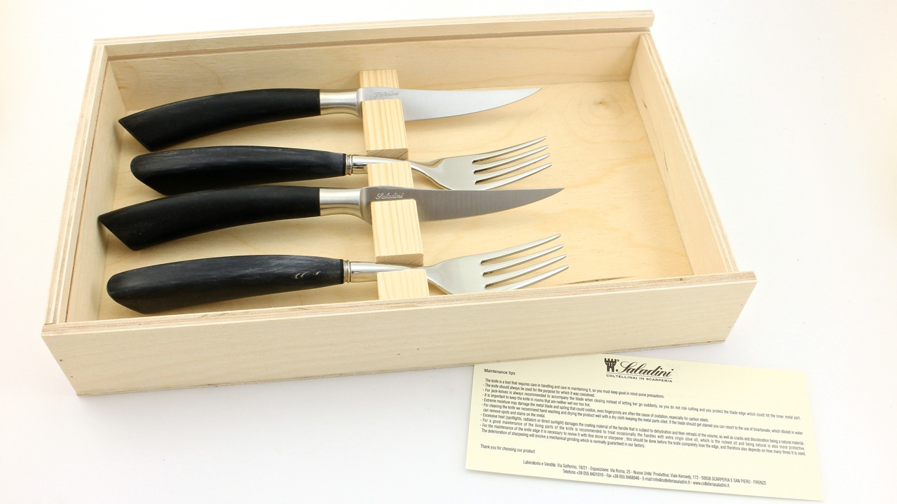 Saladini 2 Steak knives 2 forks buffalo horntip mat set for two person