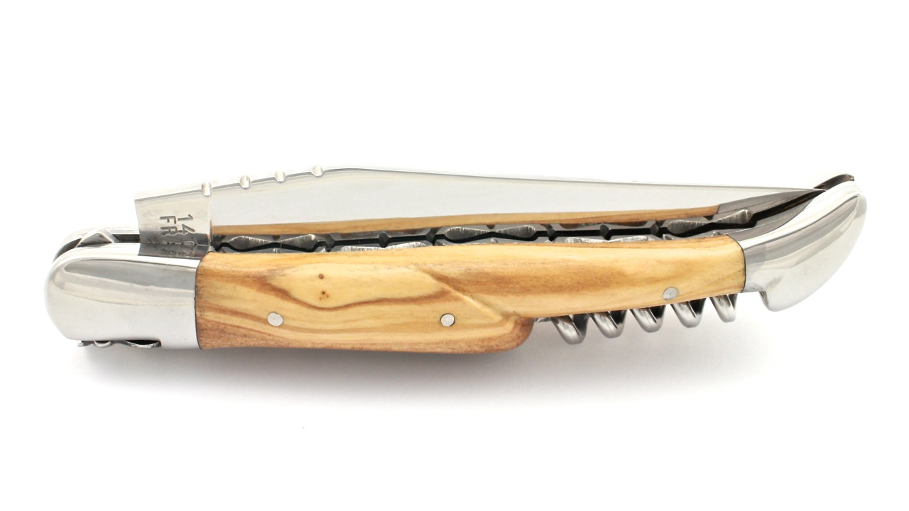 Honoré Durand Laguiole knife Prestige doubleplates with corkscrew Olive wood shiny 14C28 12 cm