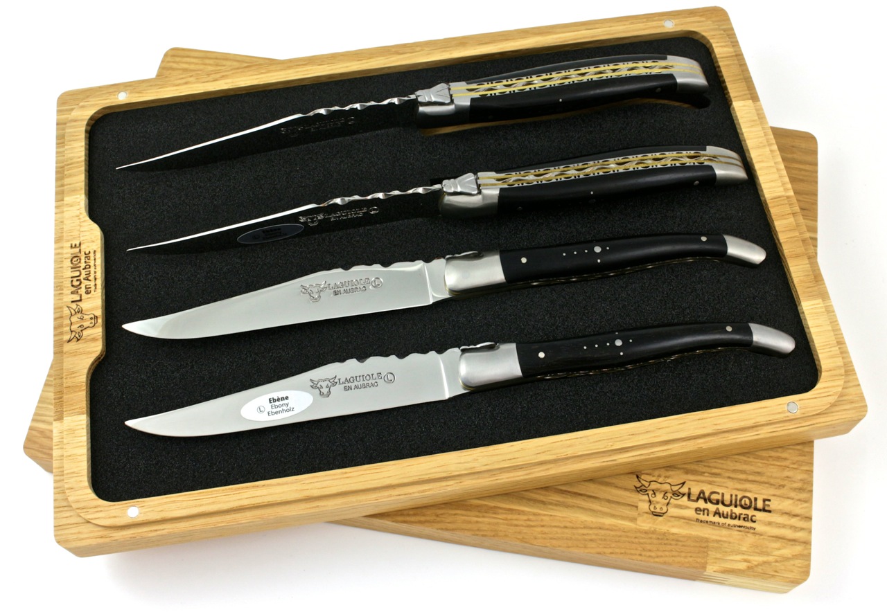 Laguiole en Aubrac  Laguiole Doppelplatinen Steakmesser Ebenholz Set 2-tlg. oder 4-tlg. matt