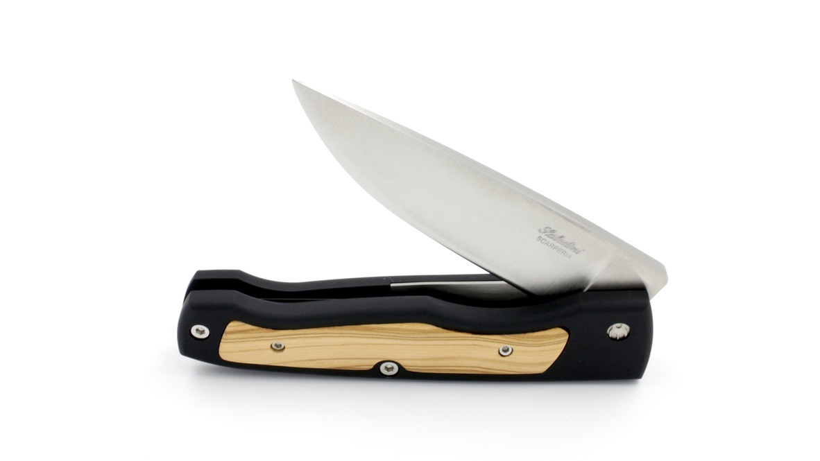 Saladini knife bushcraft pocket knife anidized aluminium and olive wood inlay