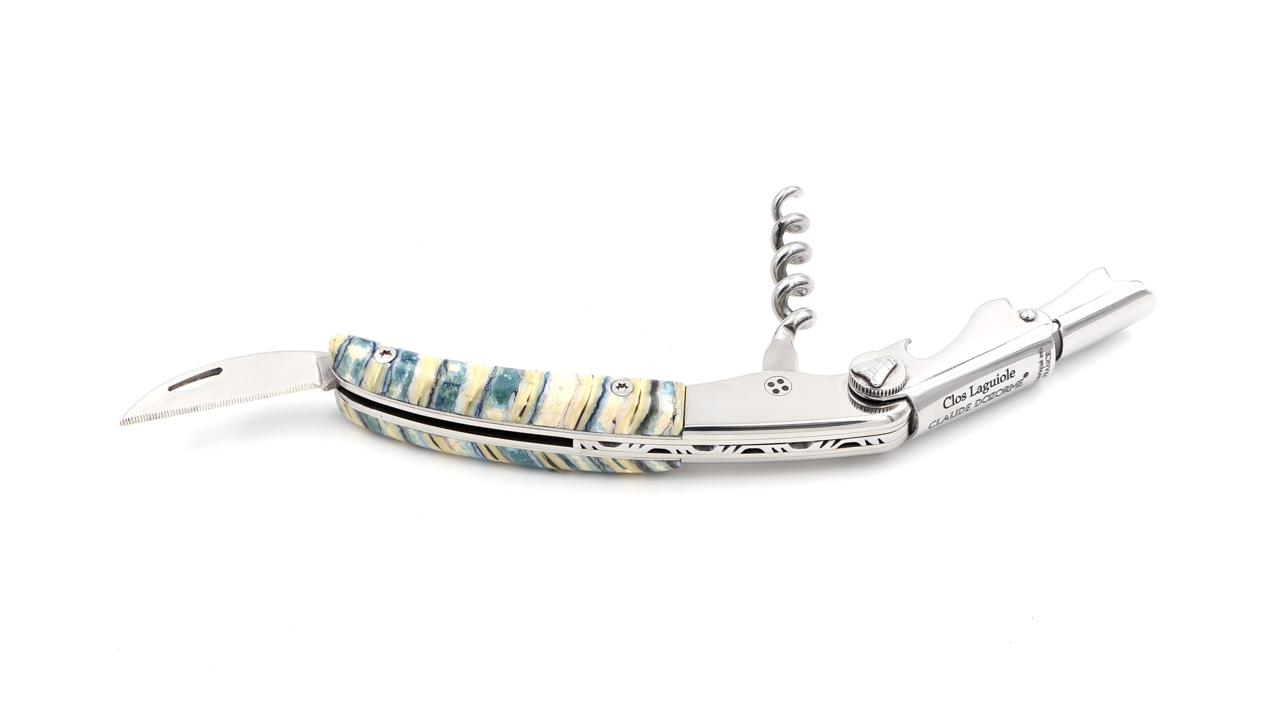 Claude Dozorme Clos Laguiole wineopener with mammothtusk beige-blue
