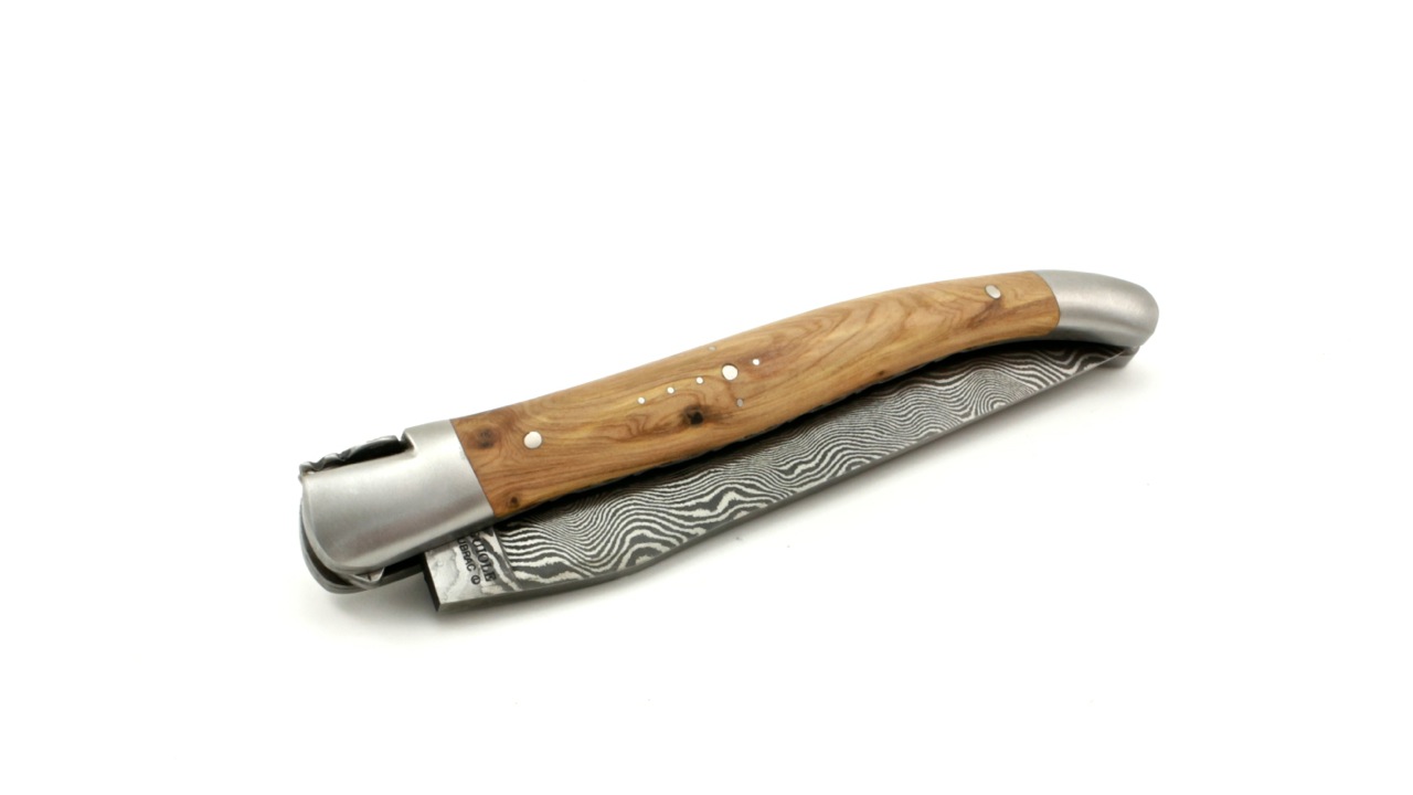 Laguiole en Aubrac  DSC® Carbon Damast Wacholder matt guillochierte Platine 12 cm