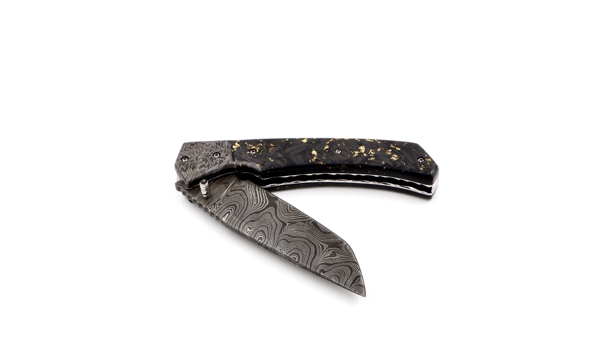 Olivier Moretti  Linerlock Taschenmesser Carbonfiber Damastklinge 