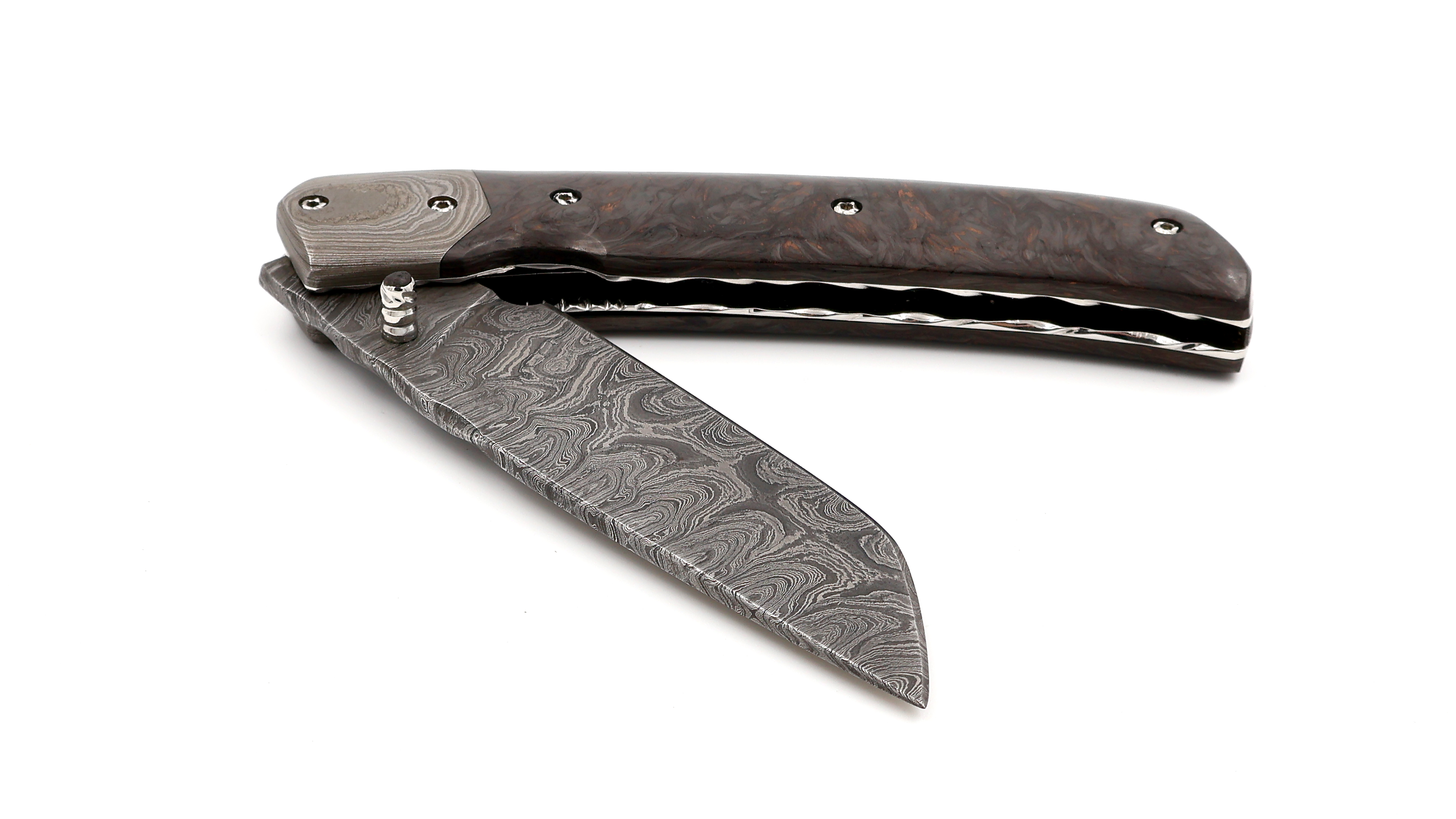 Olivier Moretti Linerlock Taschenmesser FAT Kupfer-Carbon Damastklinge