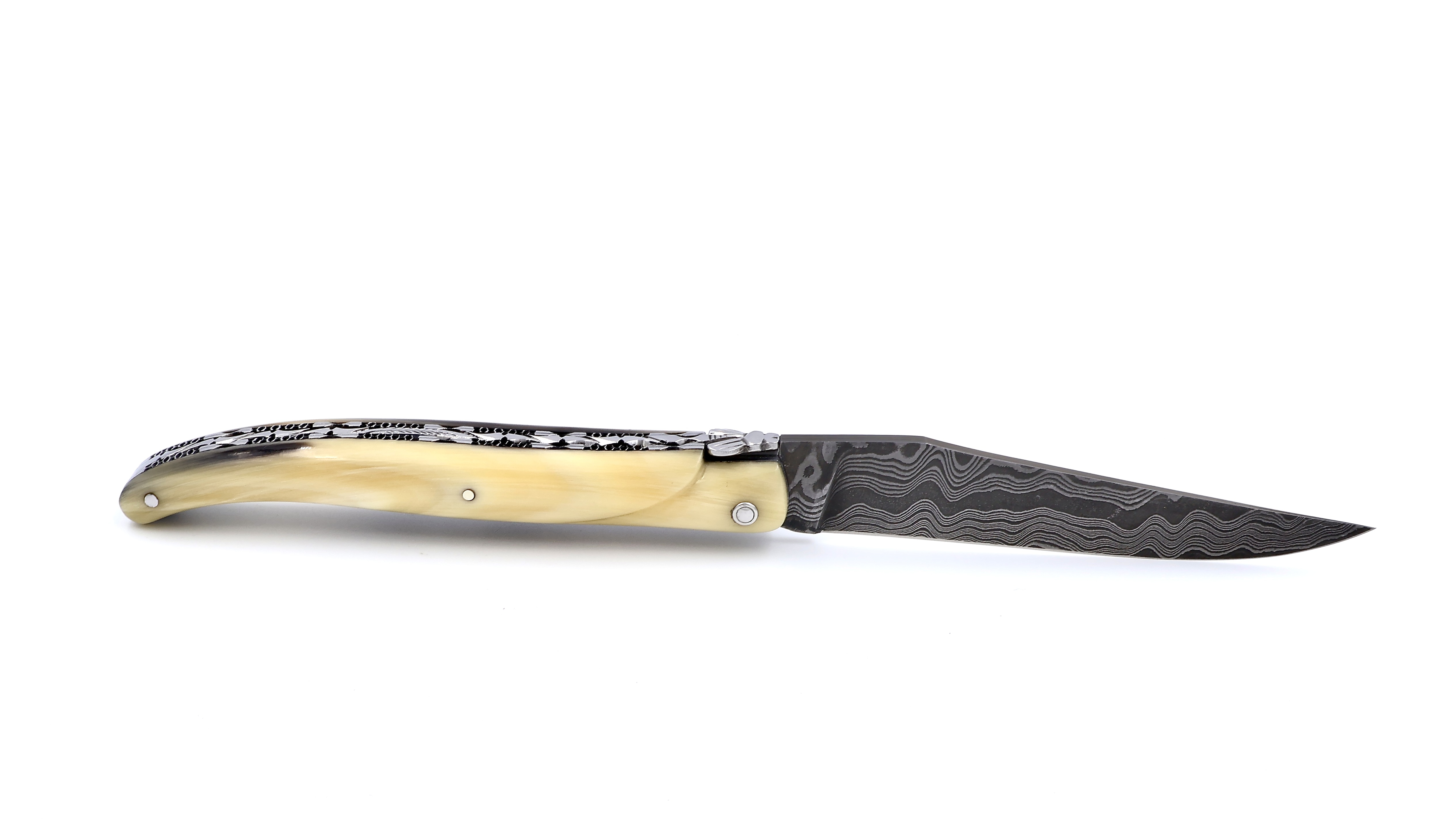 Laguiole en Aubrac Damast Hornspitze massiv Doppelplatine 12 cm