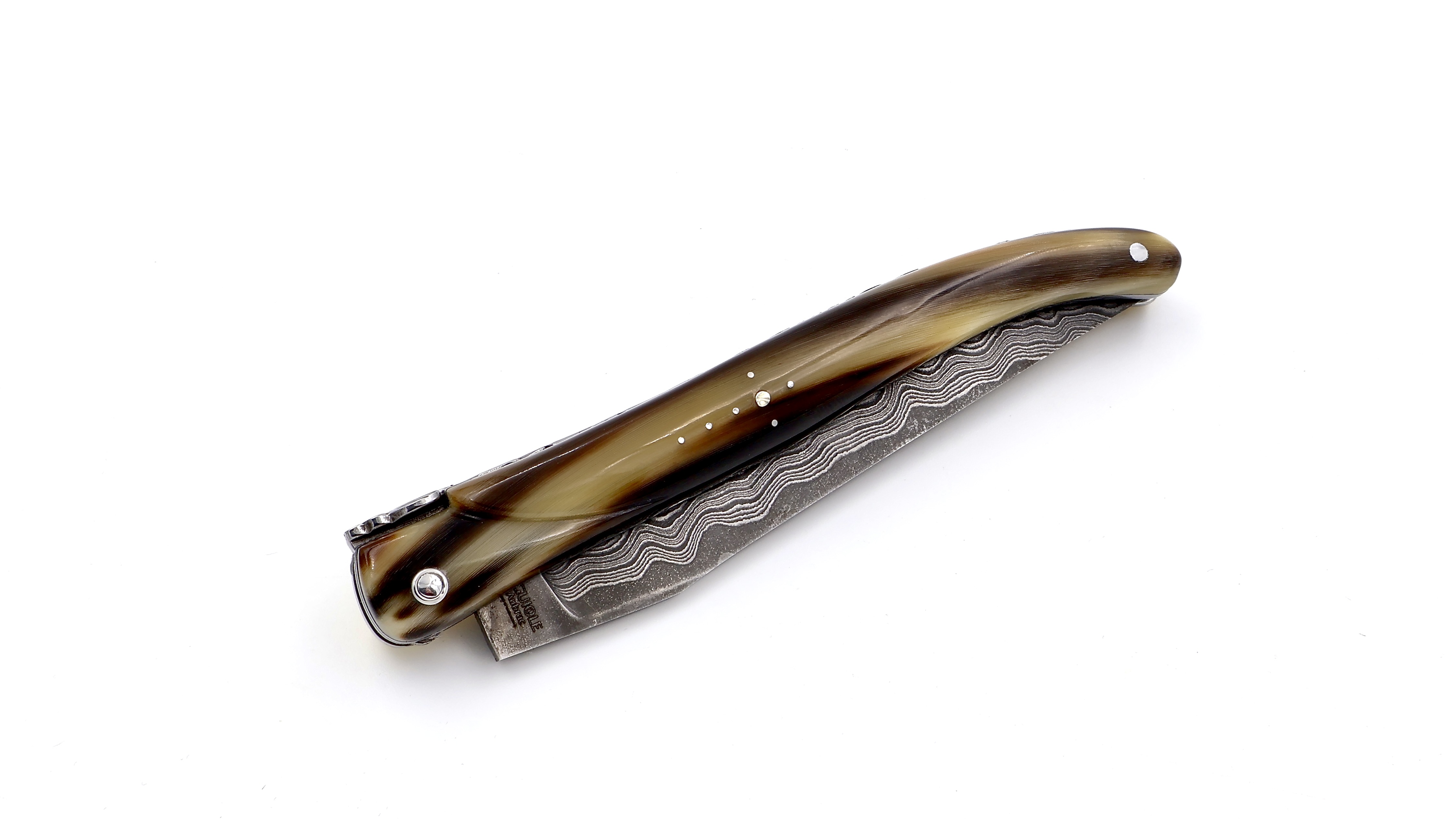 Laguiole en Aubrac Damast Hornspitze massiv Doppelplatine 12 cm