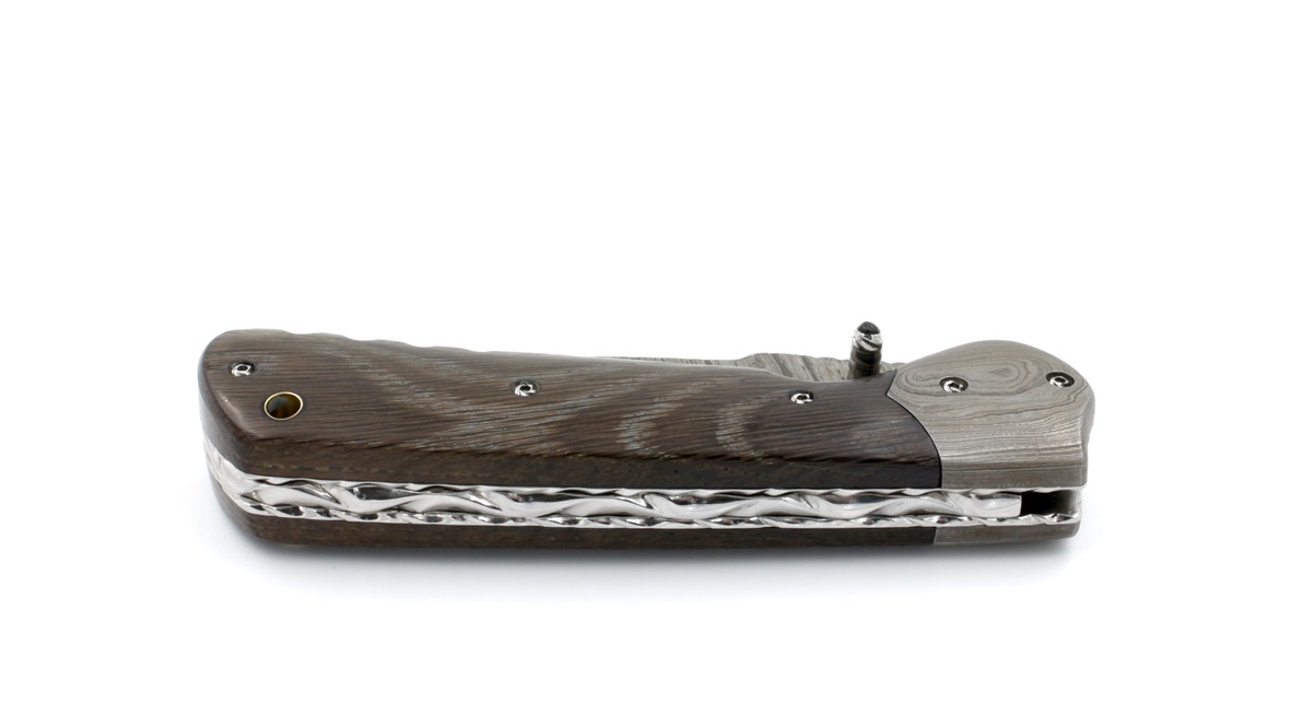 Olivier Moretti  Linerlock Taschenmesser Mooreiche Damastklinge 