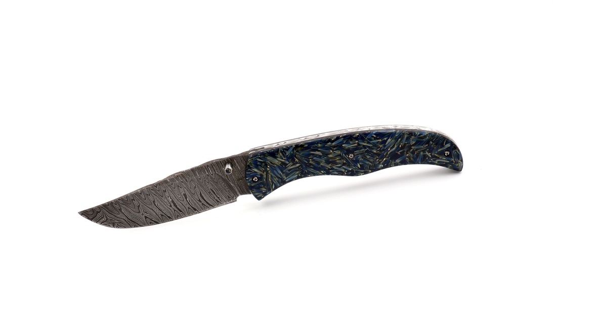 Olivier Moretti  Linerlock Taschenmesser RIZZ blau Damastklinge