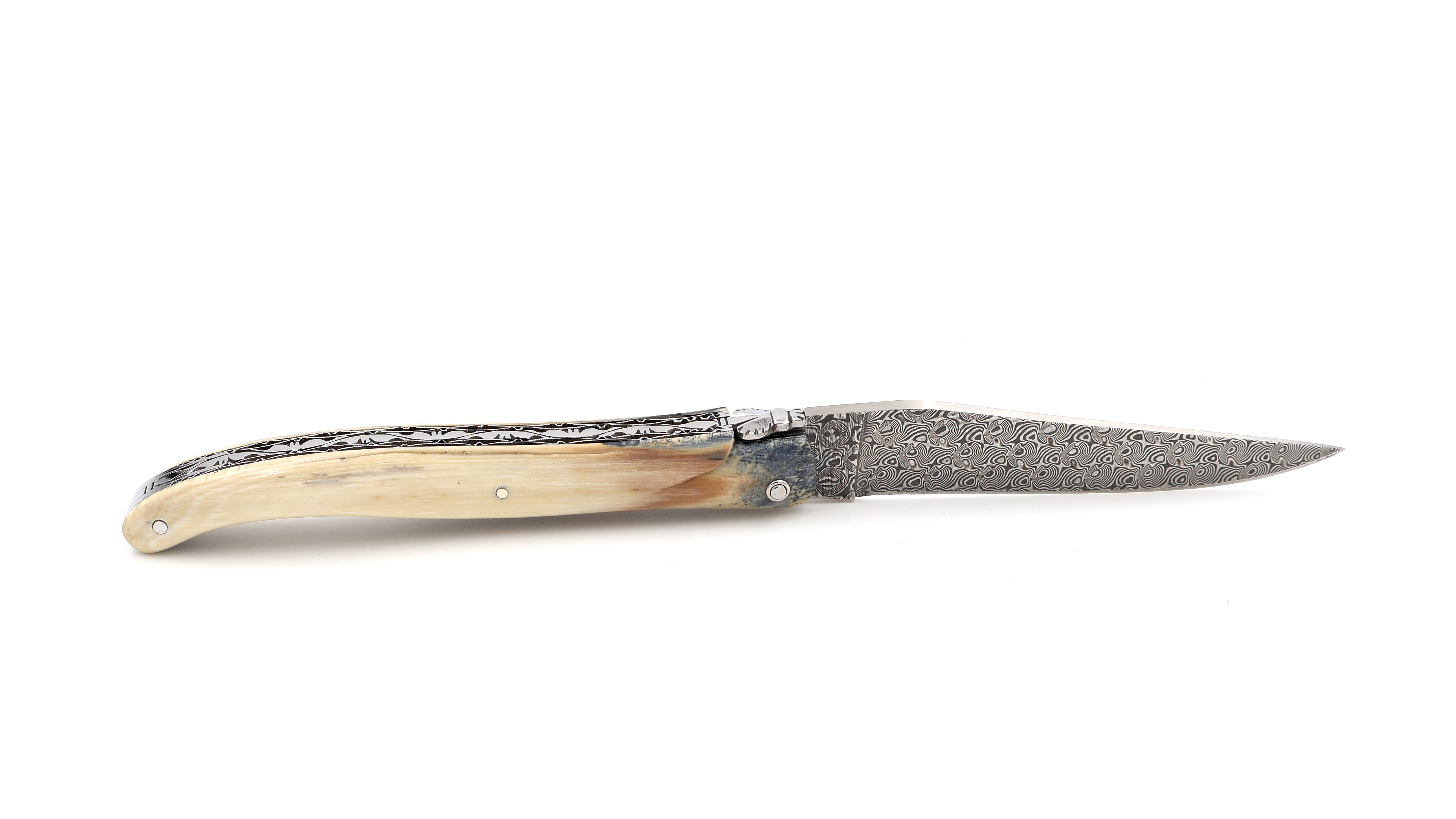 Laguiole en Aubrac double plates knife DSC® Rose Damascus full handle Mammoth ivory crust 12 cm