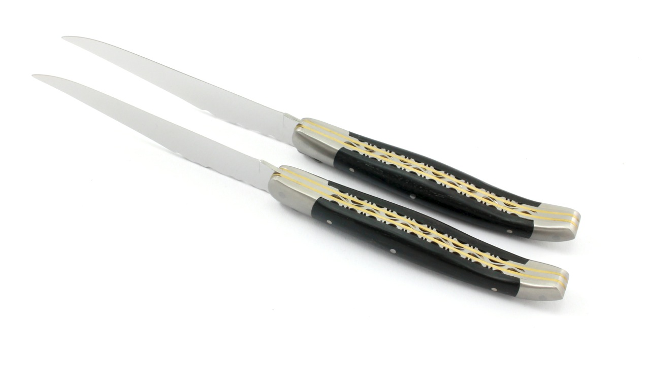 Laguiole en Aubrac  Laguiole Doppelplatinen Steakmesser Ebenholz Set 2-tlg. oder 4-tlg. matt