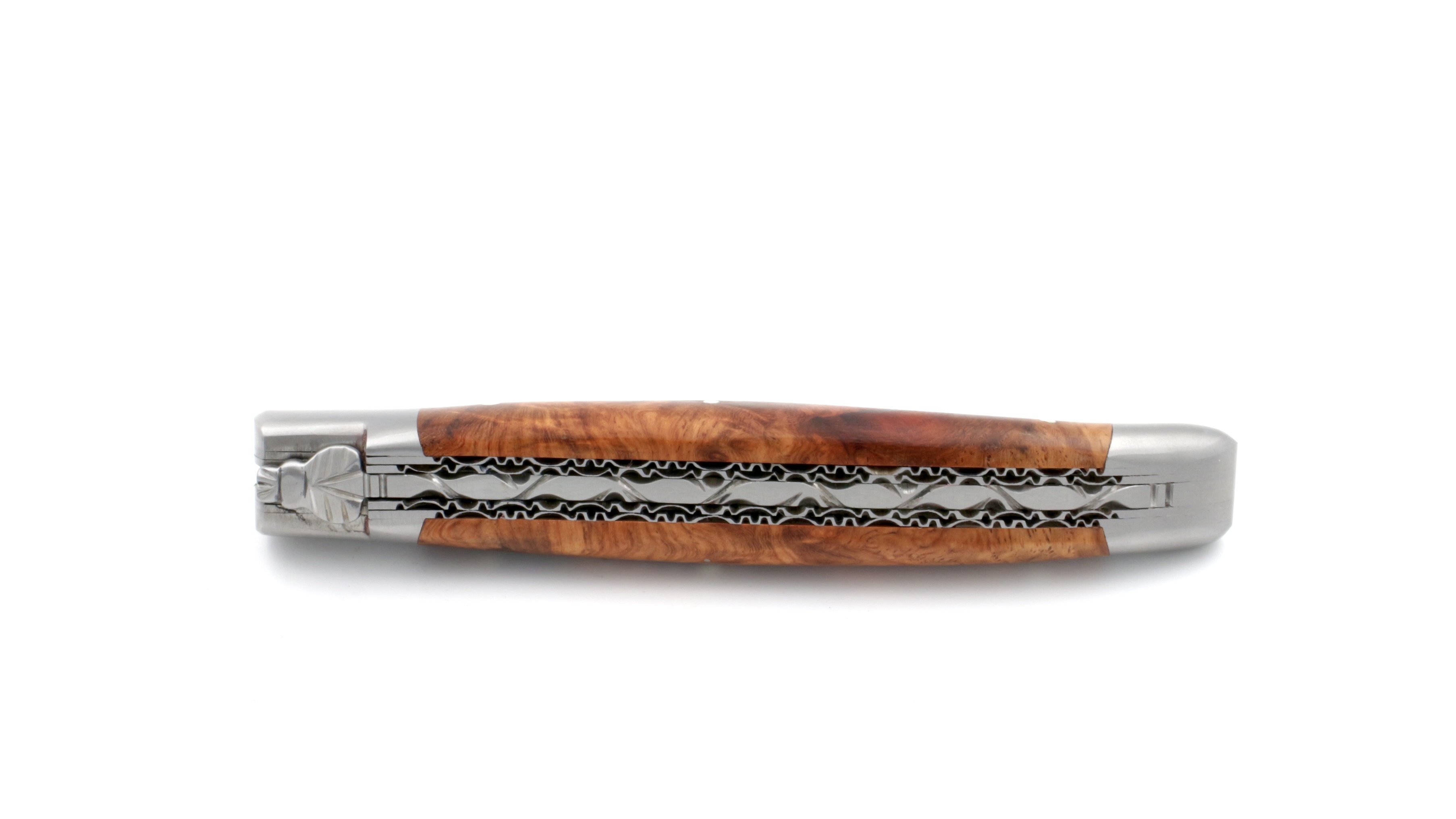 Laguiole en Aubrac jap. Damastklinge Amboina Wurzelholz Doppelplatine 12 cm