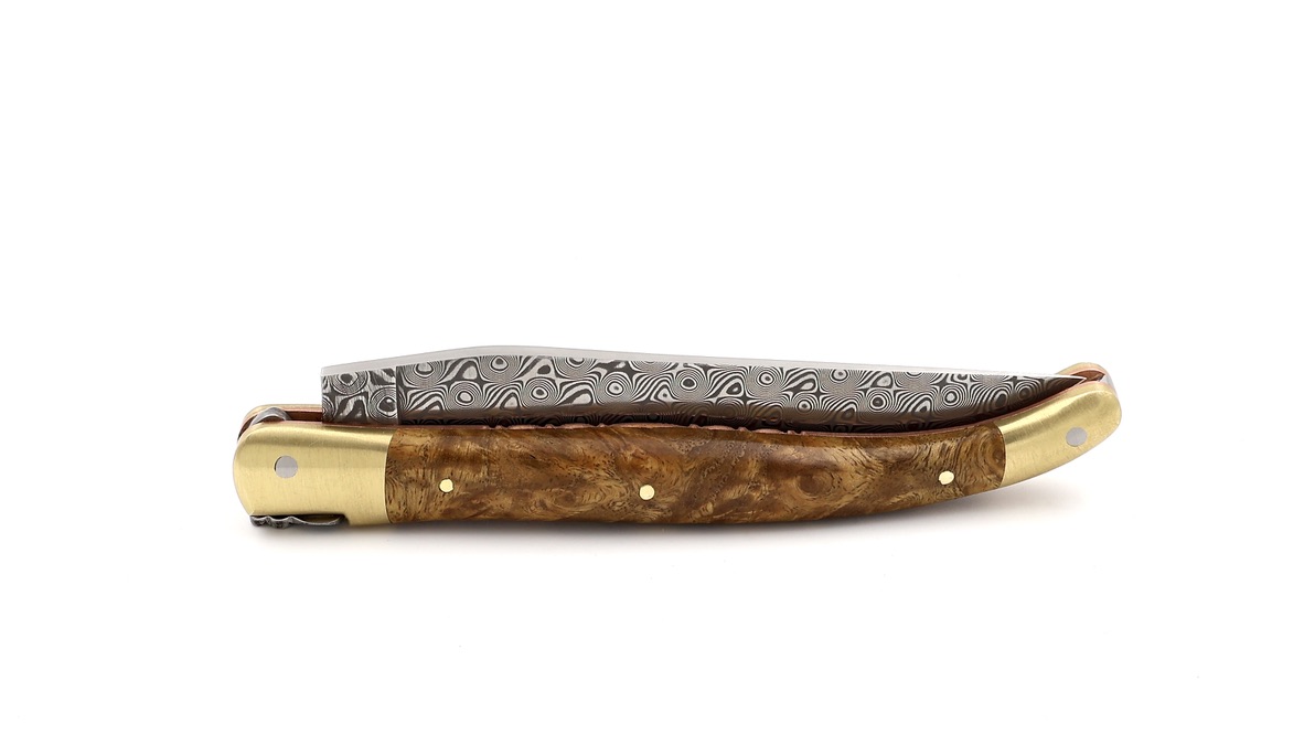 Laguiole en Aubrac knife BIJOU DSC® damascus amboina burlwood with chiseled plates 12 cm