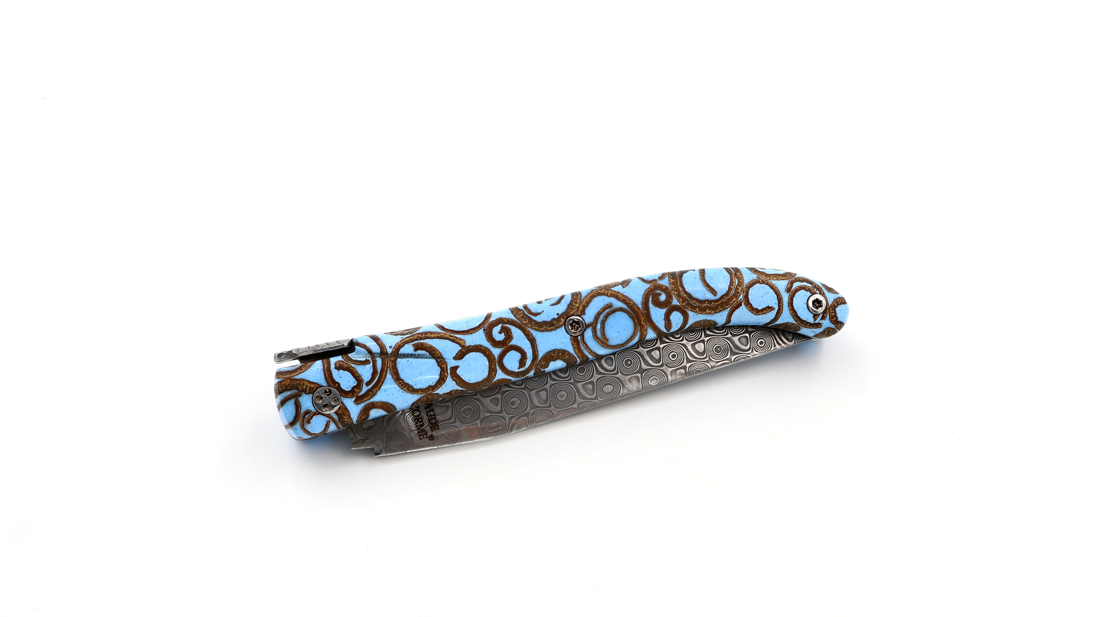 Claude DOZORME Laguiole Messer L'Atelier Canella hellblau 12 cm Damastklinge  