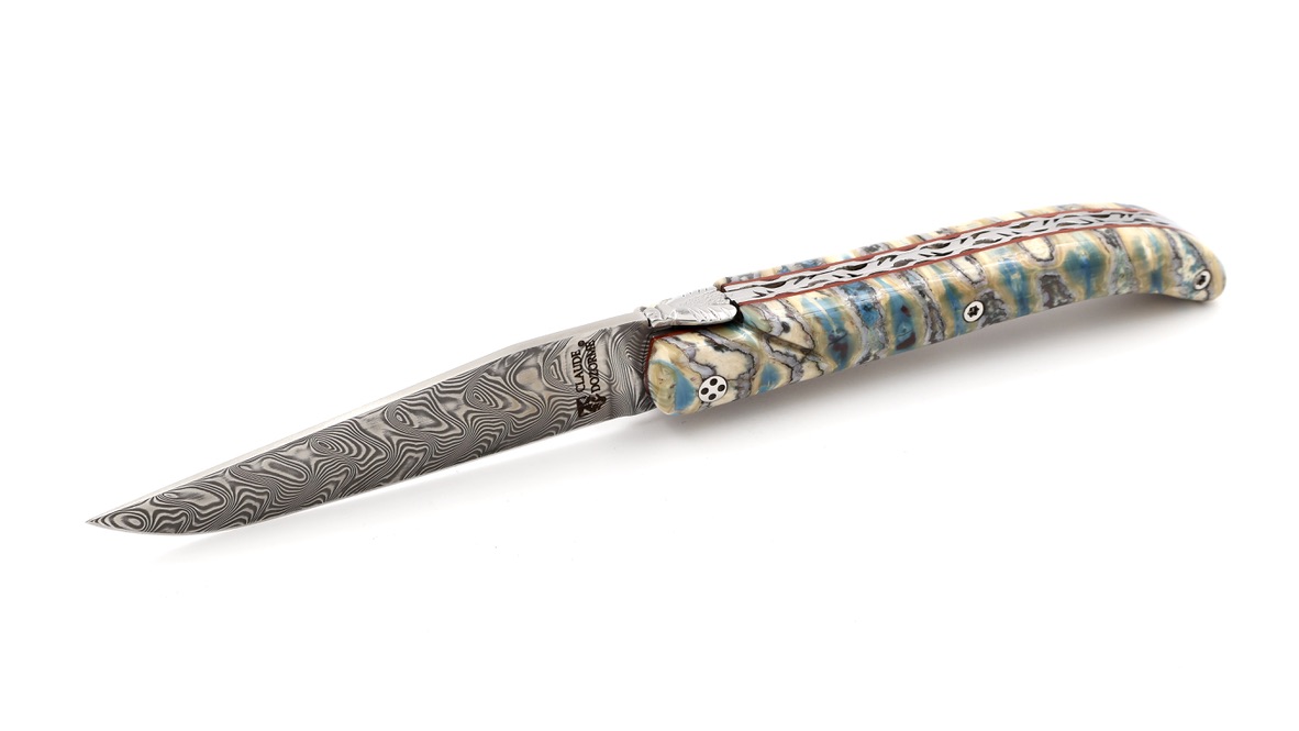 Claude DOZORME L'ATELIER Laguiole mammoth lightblue 12 cm damascus