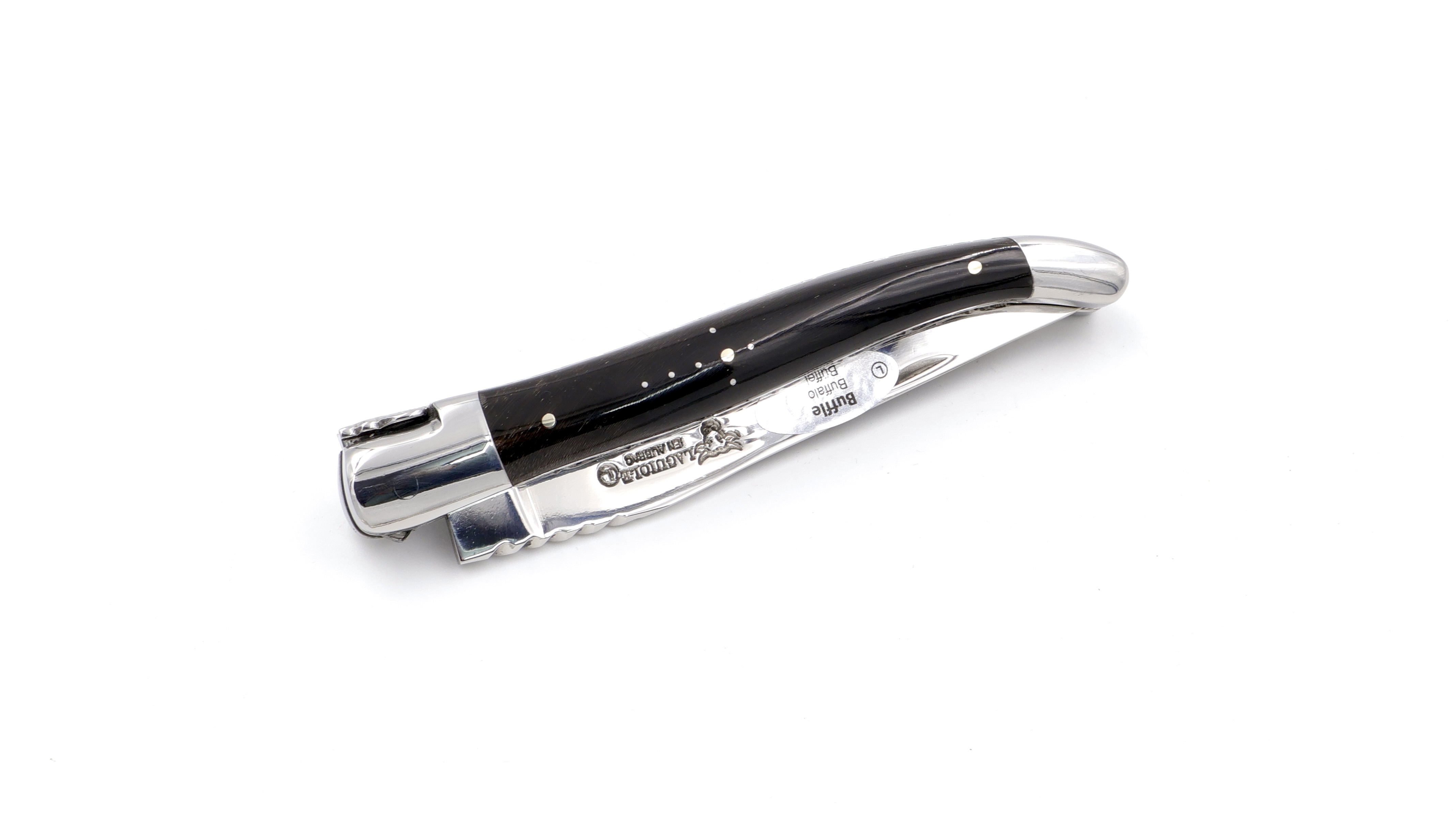 Laguiole en Aubrac double plate knife Spiral spring buffalo horn 12 cm