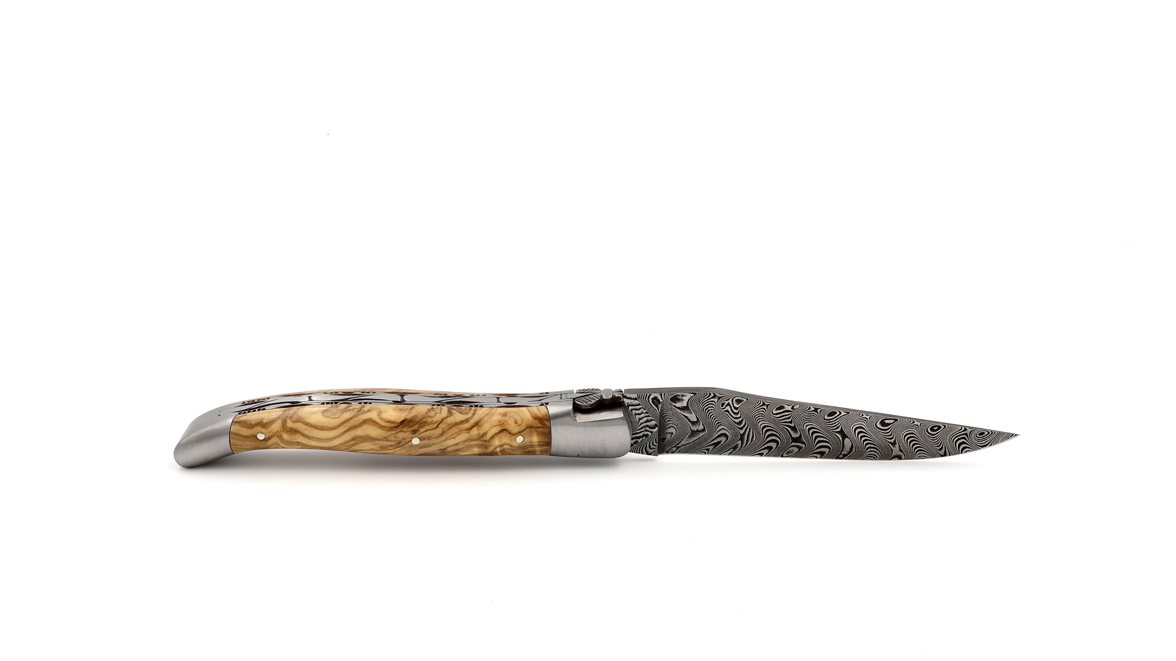 Laguiole en Aubrac damascus olive wood with double plates 12 cm mat Laguiole en Aubrac damascus olive wood with double plates 12 cm mat