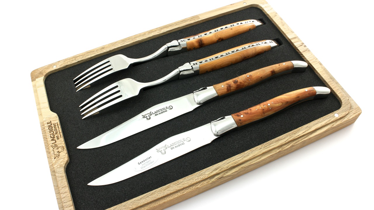 2-2-Wacholder-poiert Laguiole en Aubrac Laguiole Laguiole  Besteck Set Wacholder poliert 2 Messer  2 Gabeln