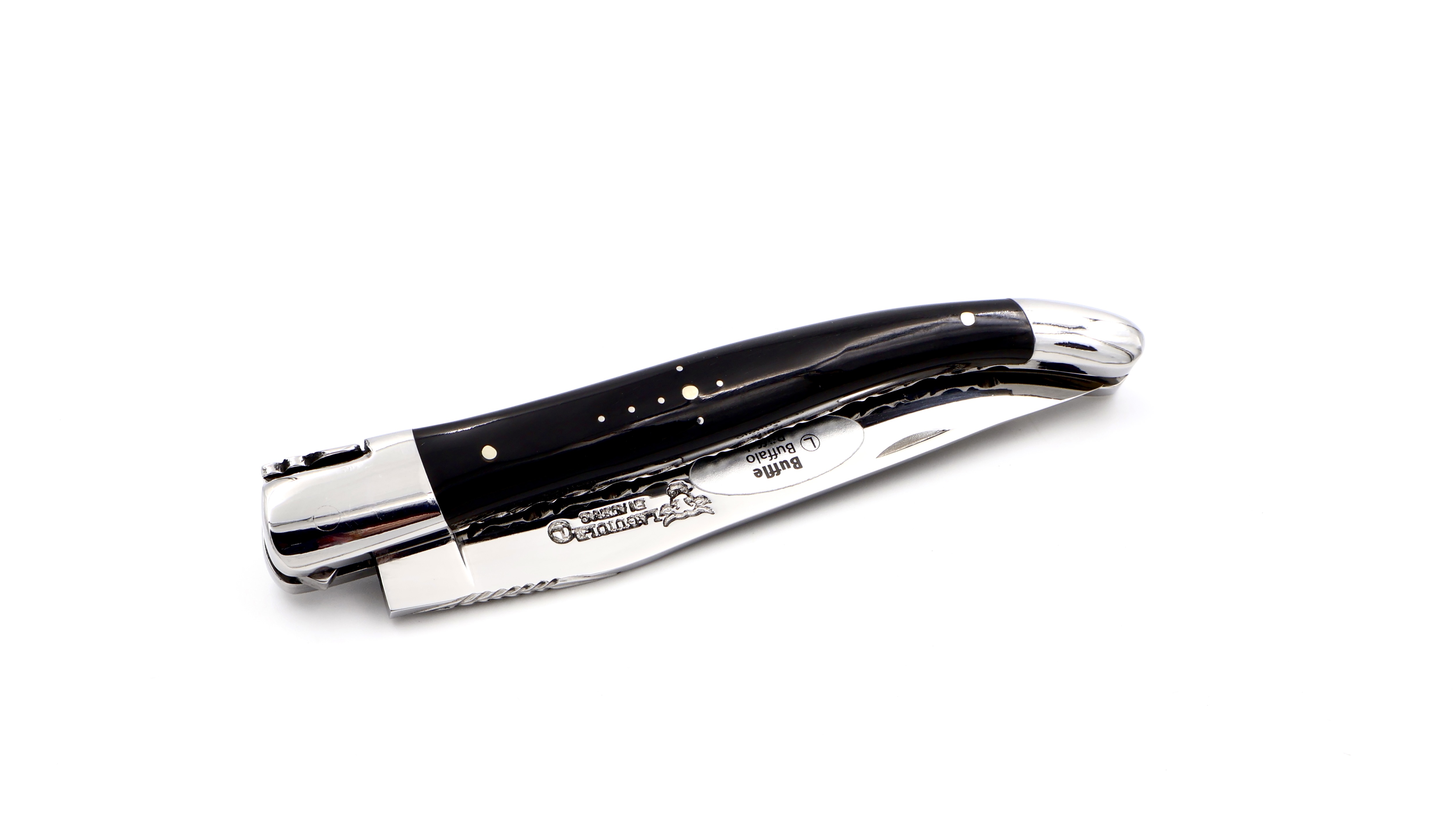 Laguiole en Aubrac guillochierte Platine Büffelhorn 12 cm 