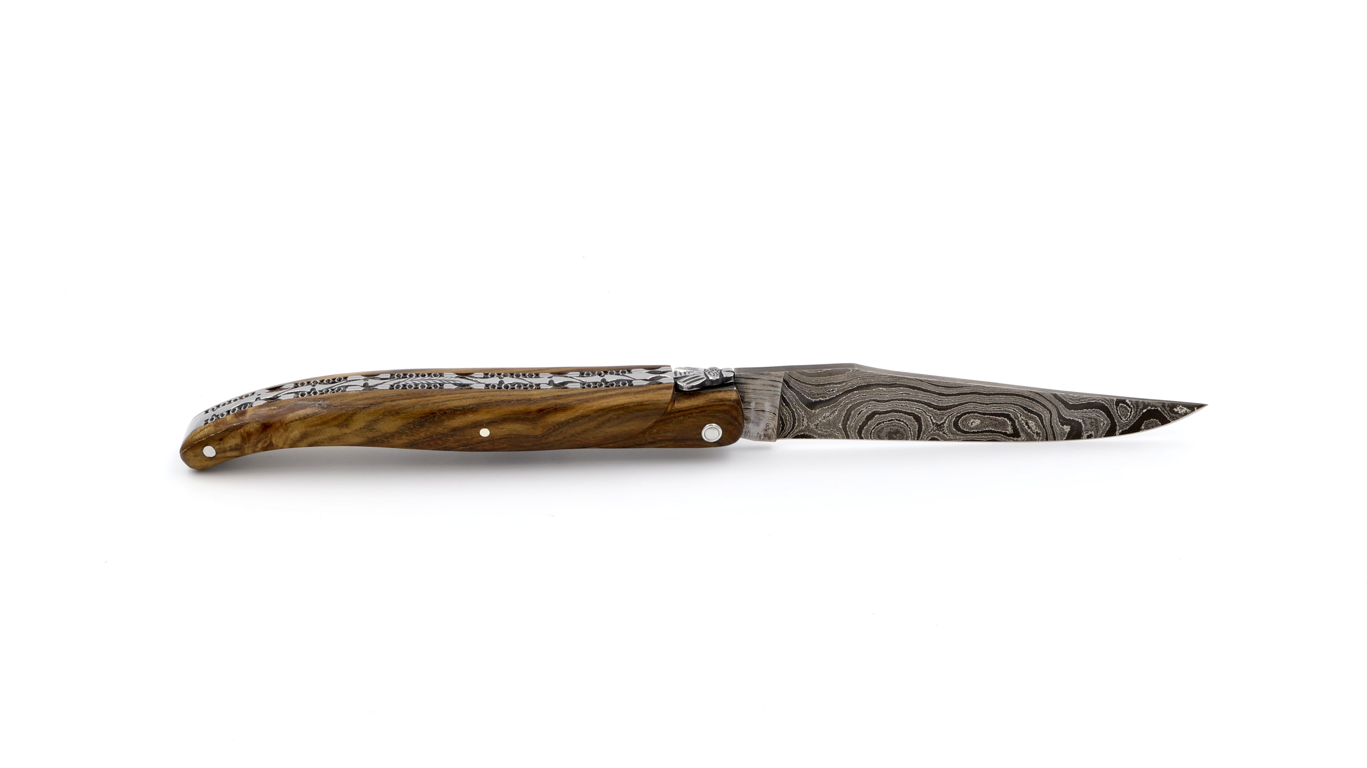 Laguiole en Aubrac double plates knife full handle Pistazio wood 12 cm damascus shiny