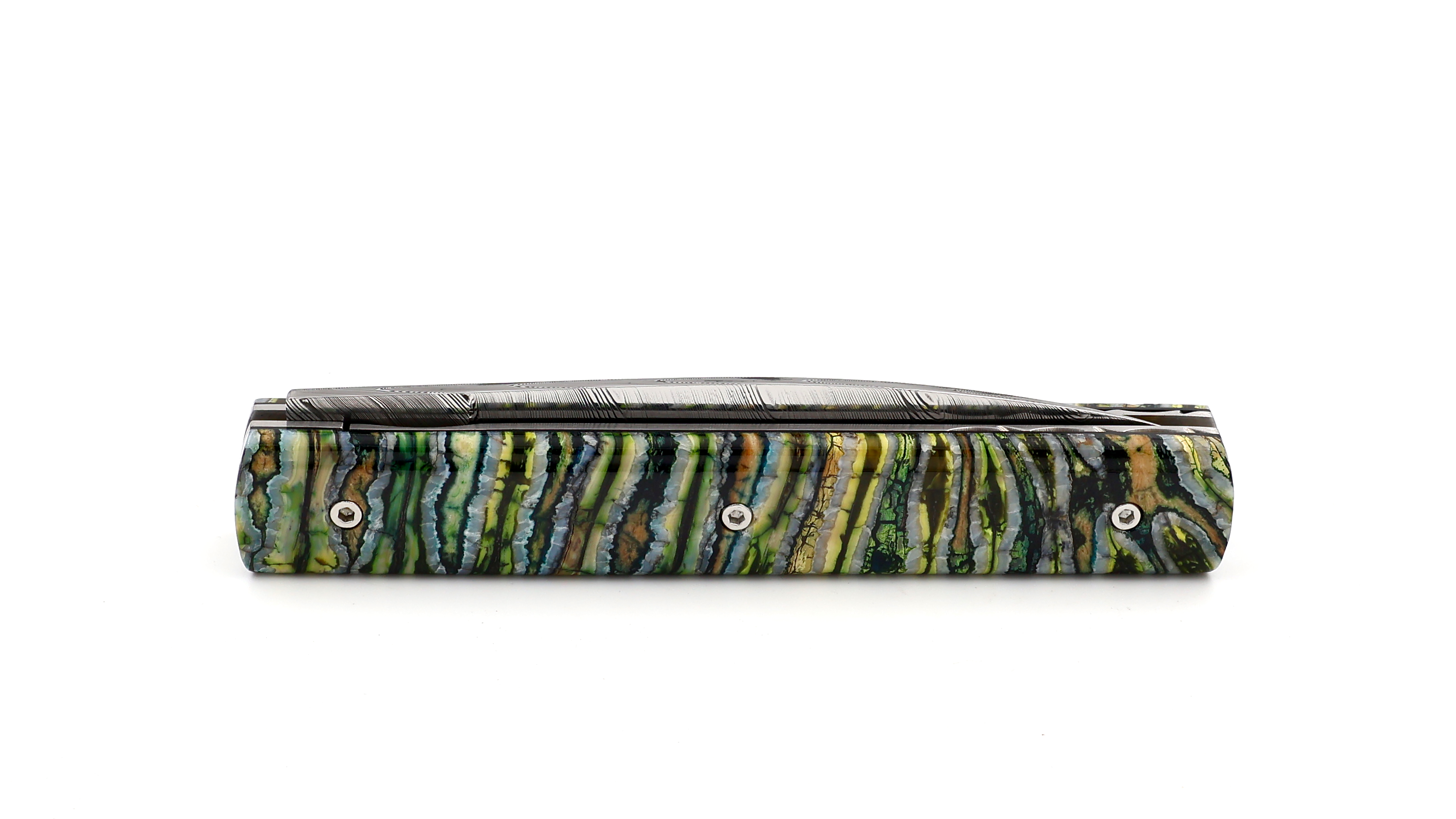 PERCEVAL Le Francais green Mammoth tusk with guillochage damascus blade