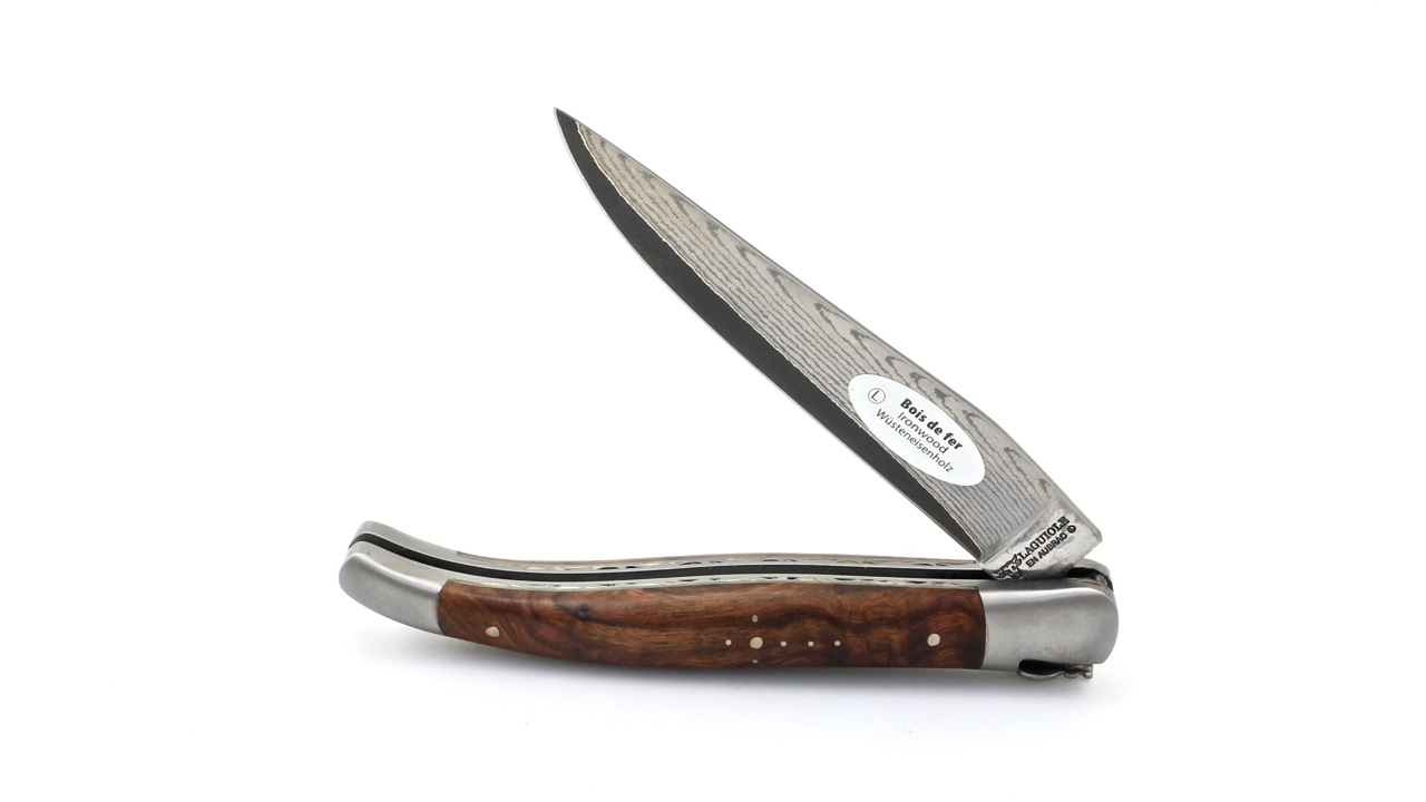 Laguiole en Aubrac jap. Damastklinge Wüsteneisenholz Wurzel Doppelplatine 12 cm