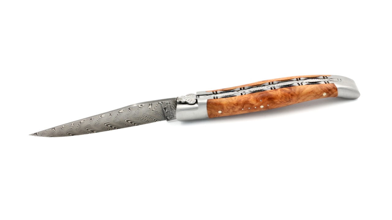 Laguiole en Aubrac DSC® Carbon Damast Amboina Wurzelholz Doppelplatine 12 cm