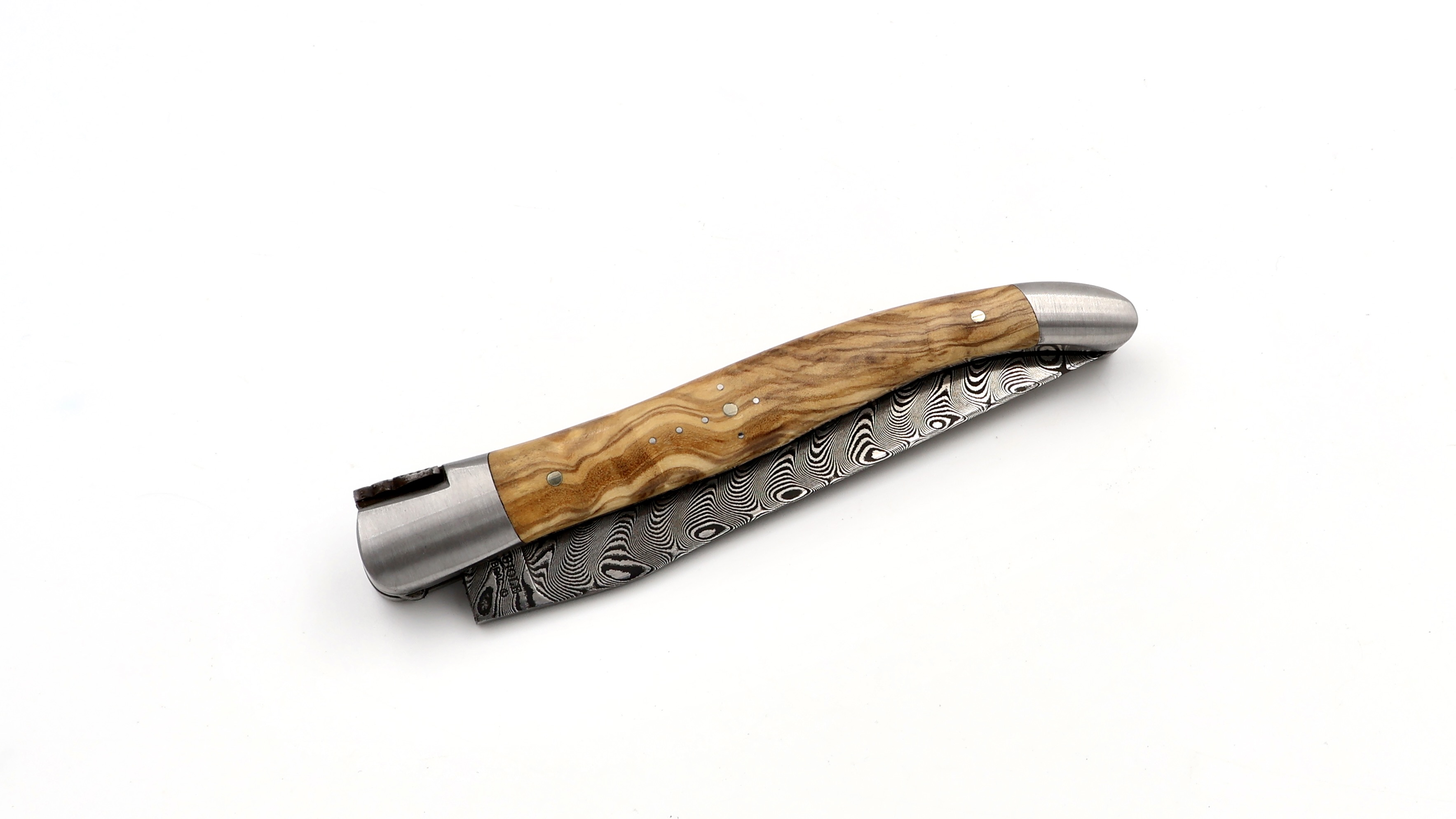 Laguiole en Aubrac damascus olive wood with double plates 12 cm mat Laguiole en Aubrac damascus olive wood with double plates 12 cm mat