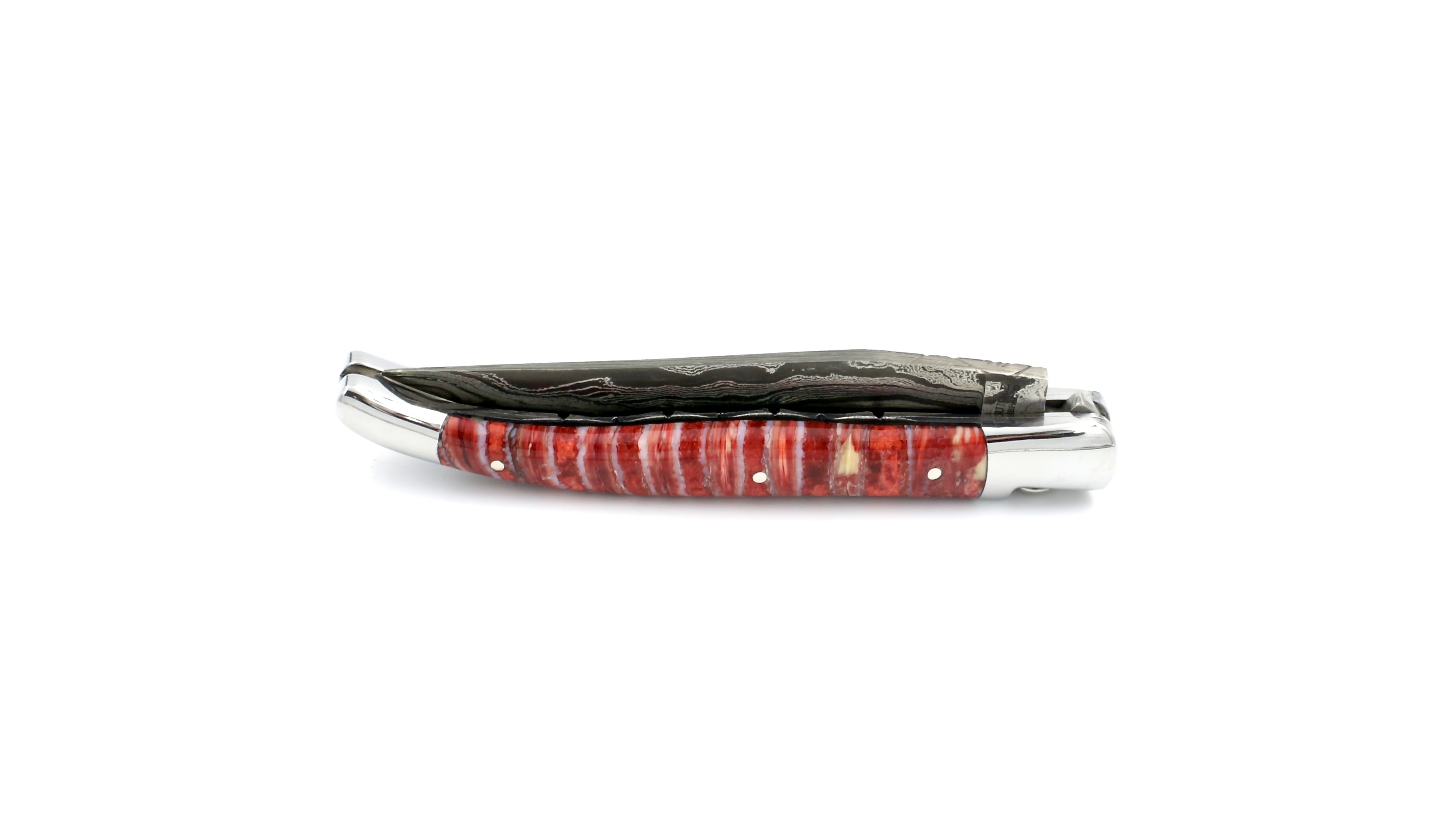 Laguiole en Aubrac double plate knife damascus mammoth tusk red 12 cm
