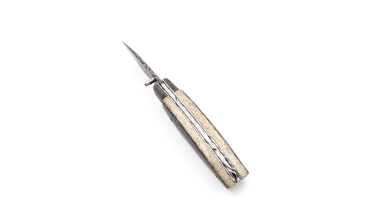 Olivier Moretti Linerlock Taschenmesser Mammutknochen Damastklinge