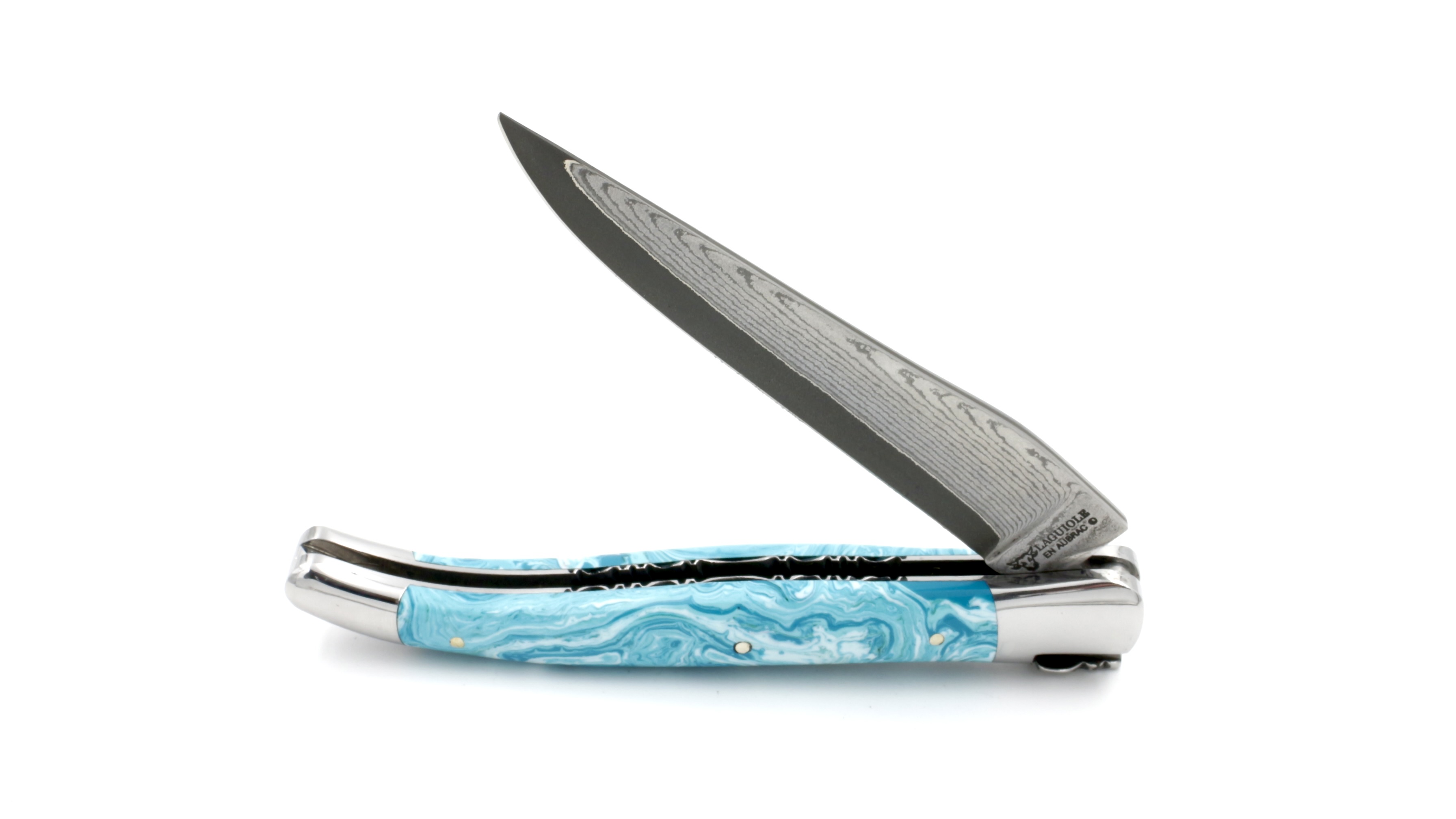 Laguiole en Aubrac knife jap. damascus turquoise stabilized stone with chiseled plates 12 cm