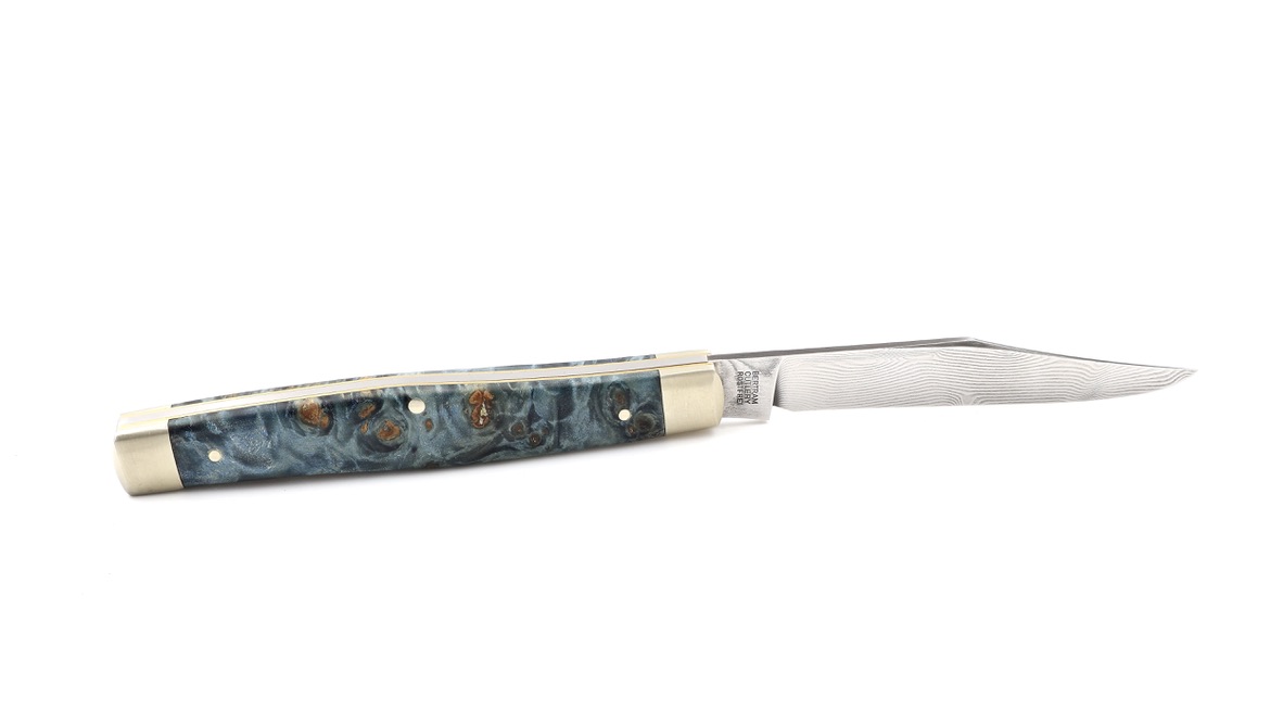 Robert Klaas Stockman knife poplar burl wood blue damascus