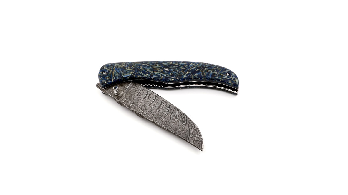 Olivier Moretti  Linerlock Taschenmesser RIZZ blau Damastklinge