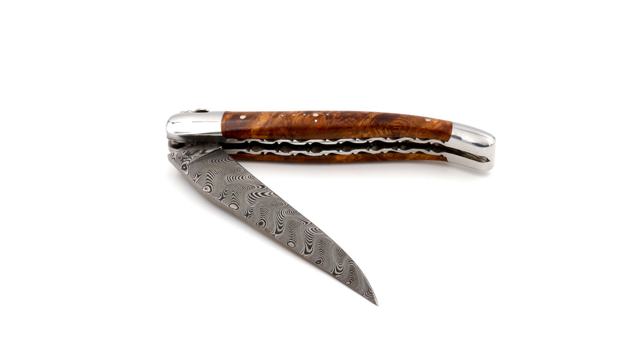 Laguiole en Aubrac damascus amboina burlwood shiny with double plates 12 cm