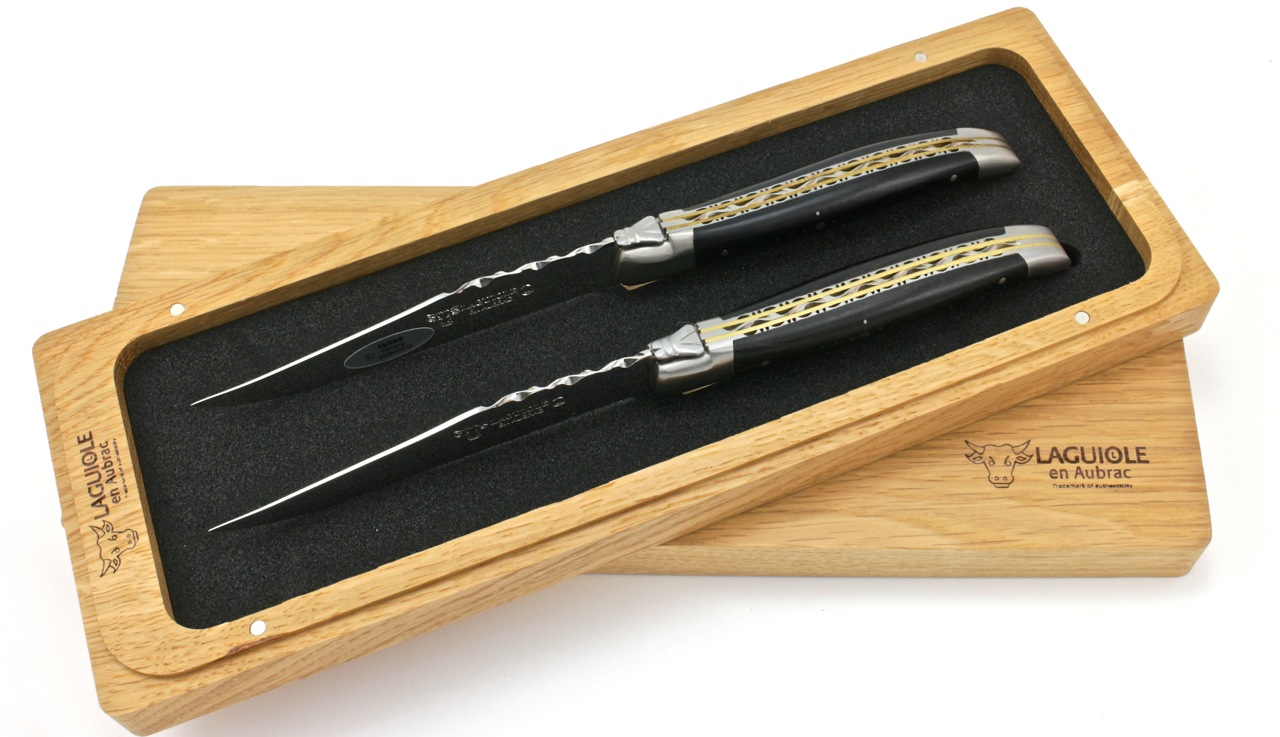 Laguiole en Aubrac  Laguiole Doppelplatinen Steakmesser Ebenholz Set 2-tlg. oder 4-tlg. matt