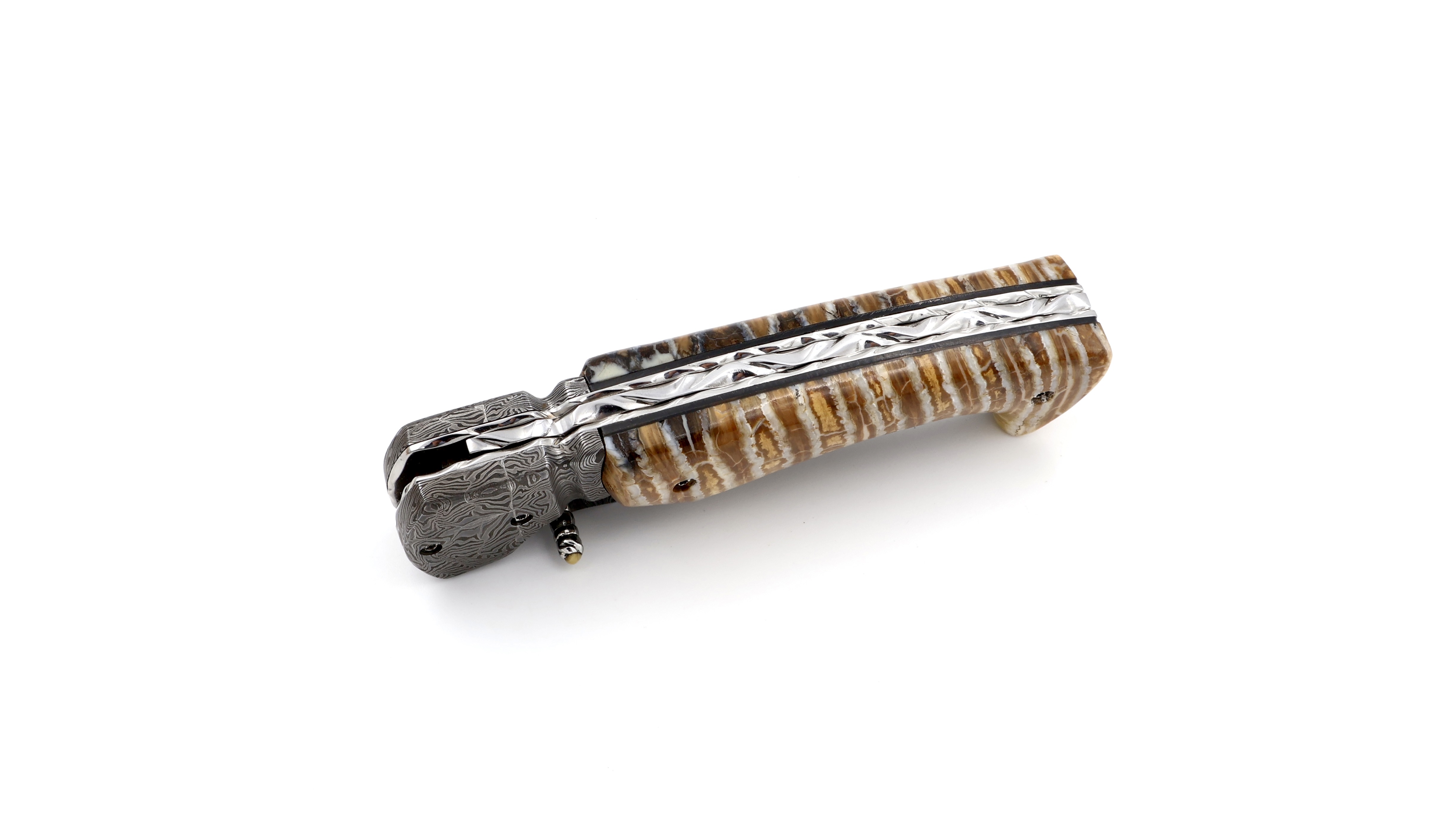 Oliver Moretti linerlock knife damascus mammoth tusk Oliver Moretti linerlock knife damascus mammoth tusk