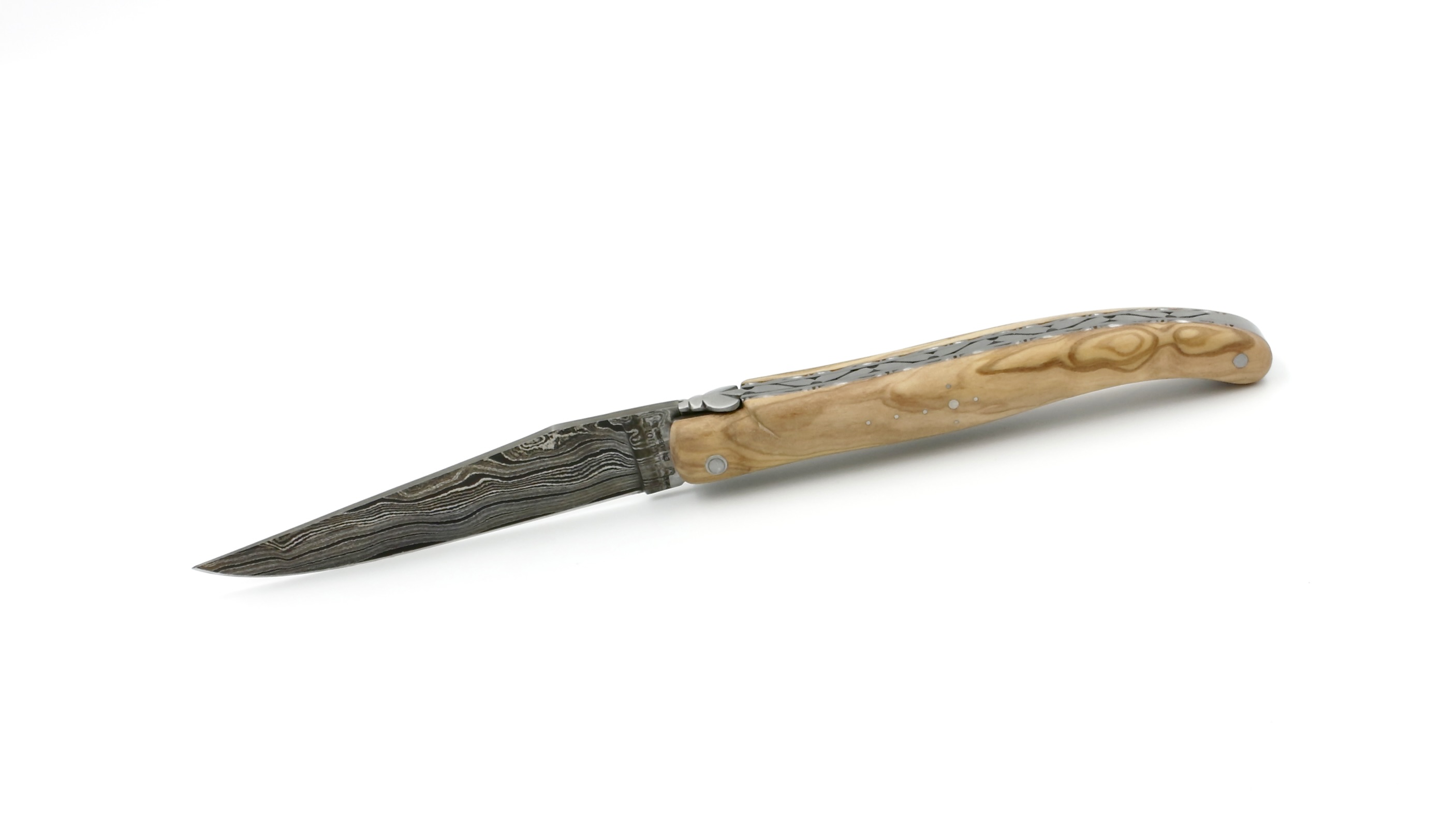 Laguiole en Aubrac double plates knife damascus full handle Olive wood 12 cm