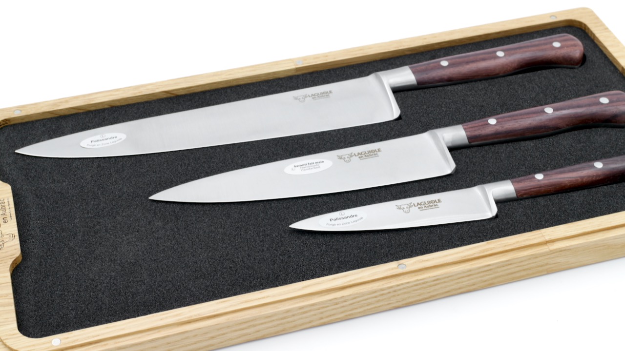 Laguiole en Aubrac Palisander wood Set of 3 kitchen knives 10 cm 15 cm 20 cm