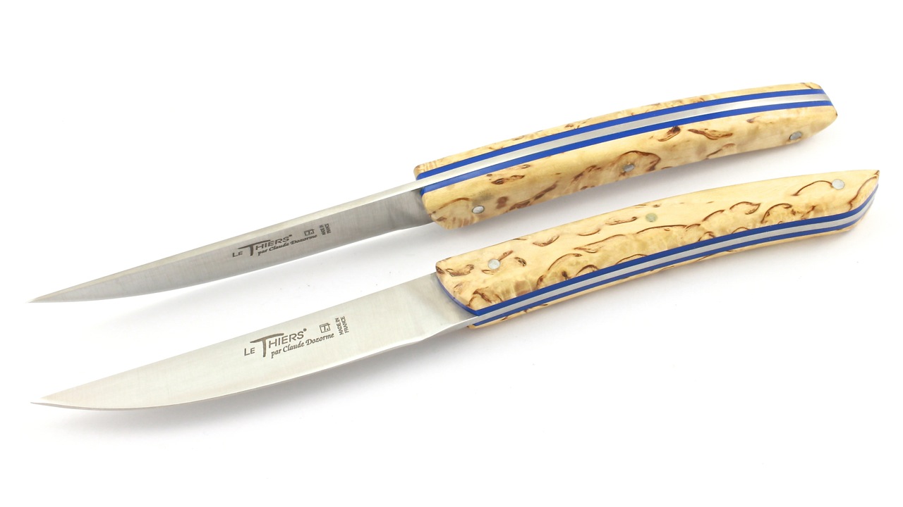 2-er-blau-2 Claude DOZORME Thiers Steakmesser norwegische Maserbirke 4-teilig. oder 6-teilig