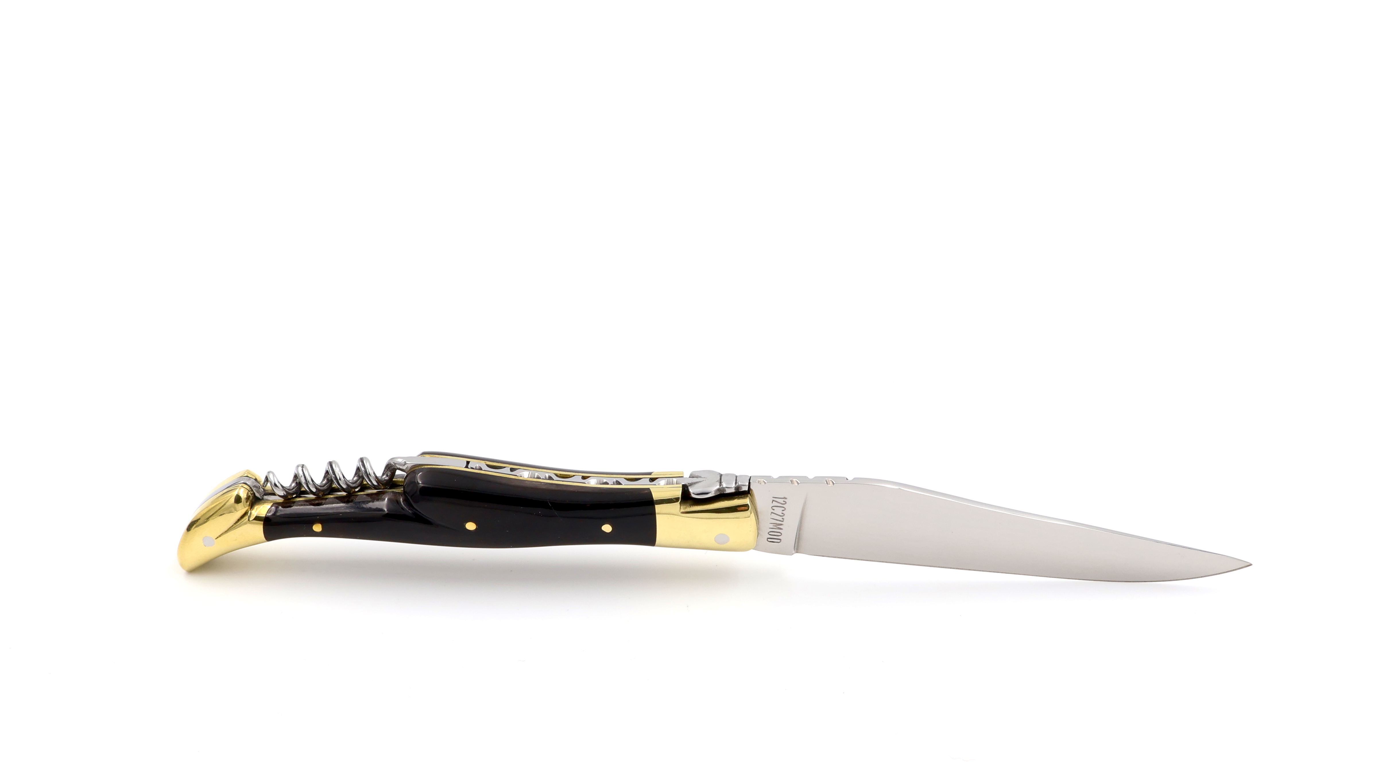 Laguiole en Aubrac buffalo horn brass bolster with corkscrew 12 cm