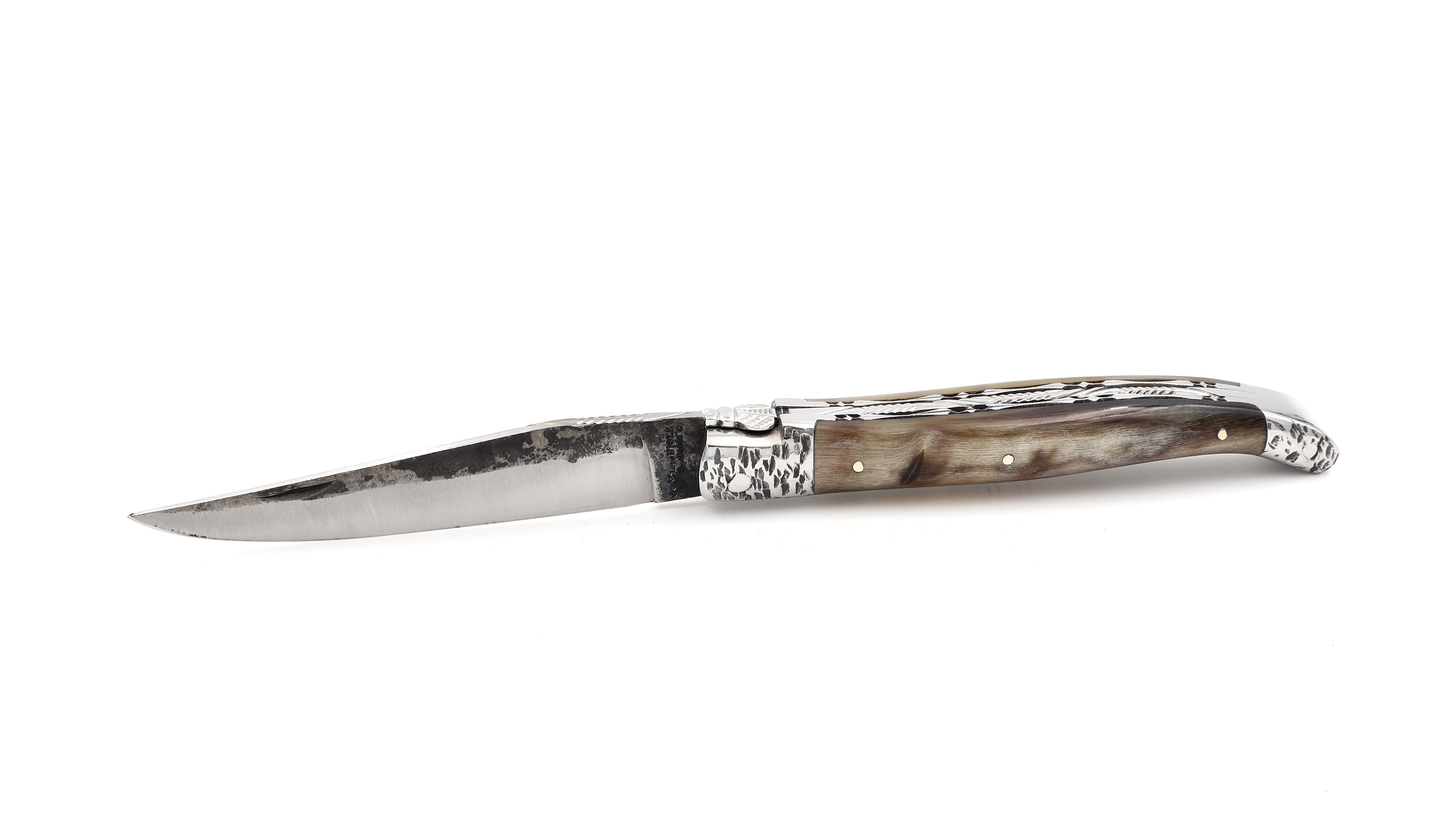 Laguiole en Aubrac Brut de Forge Widderhorn handgehämmerte Backen Doppelplatine 12 cm