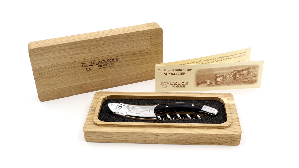 Laguiole en Aubrac Sommeliermesser - Damast-Kapselschneider Büffelhorn guillochiert besondere Biene